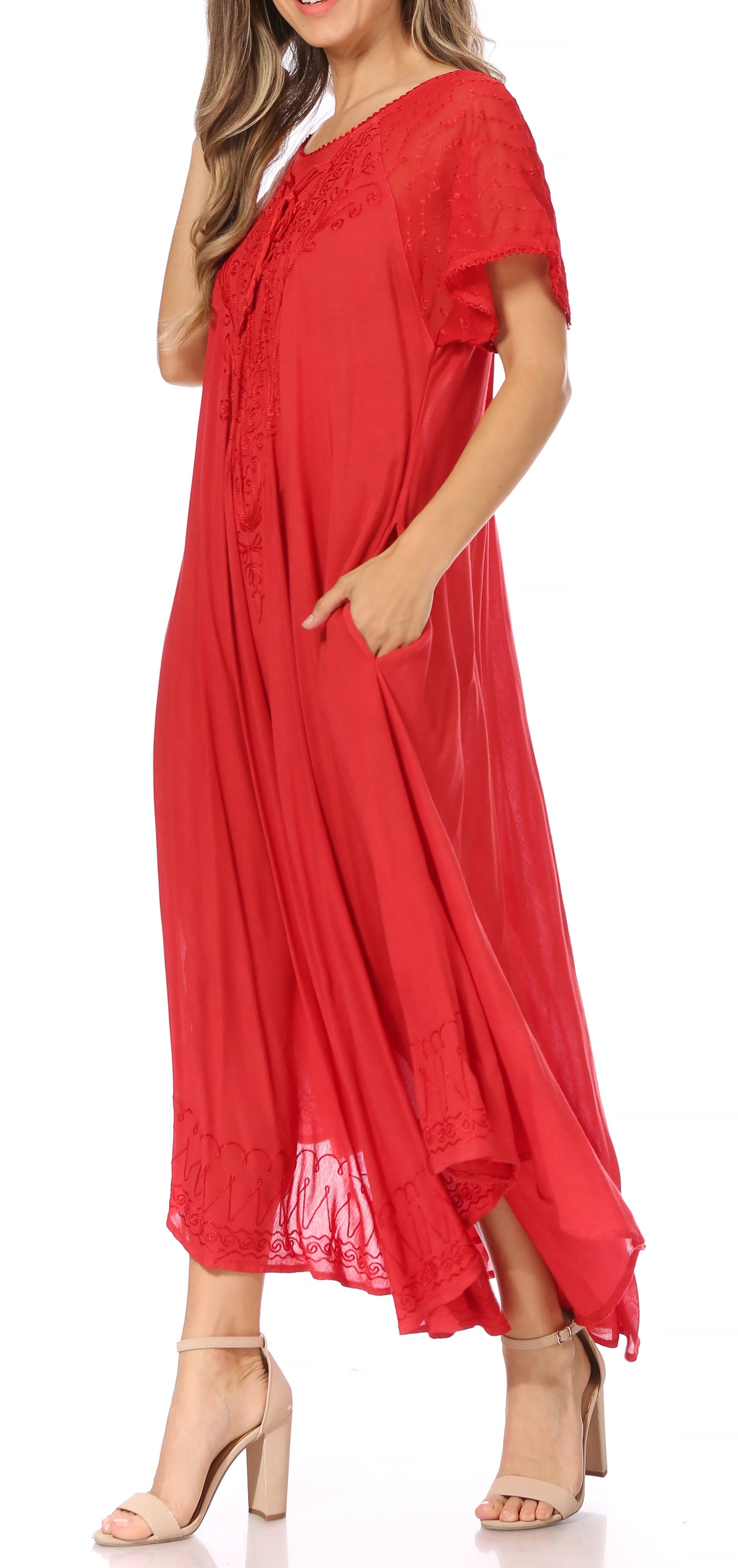 Sakkas Egan Women's Long Embroidered Caftan Dress / Cover Up With Embroidered Cap Sleeves - Concordia Style Boutique