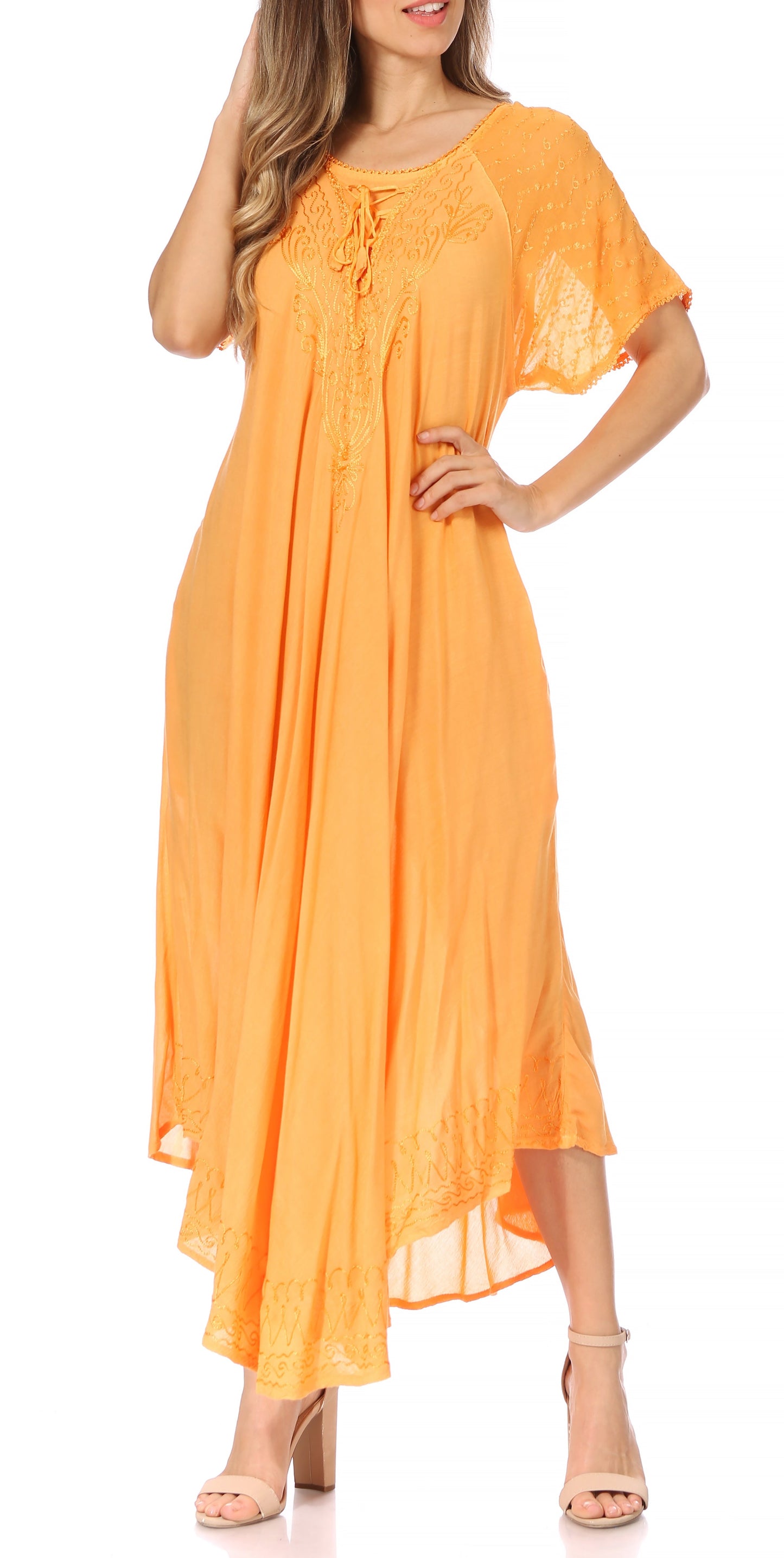 Sakkas Egan Women's Long Embroidered Caftan Dress / Cover Up With Embroidered Cap Sleeves - Concordia Style Boutique