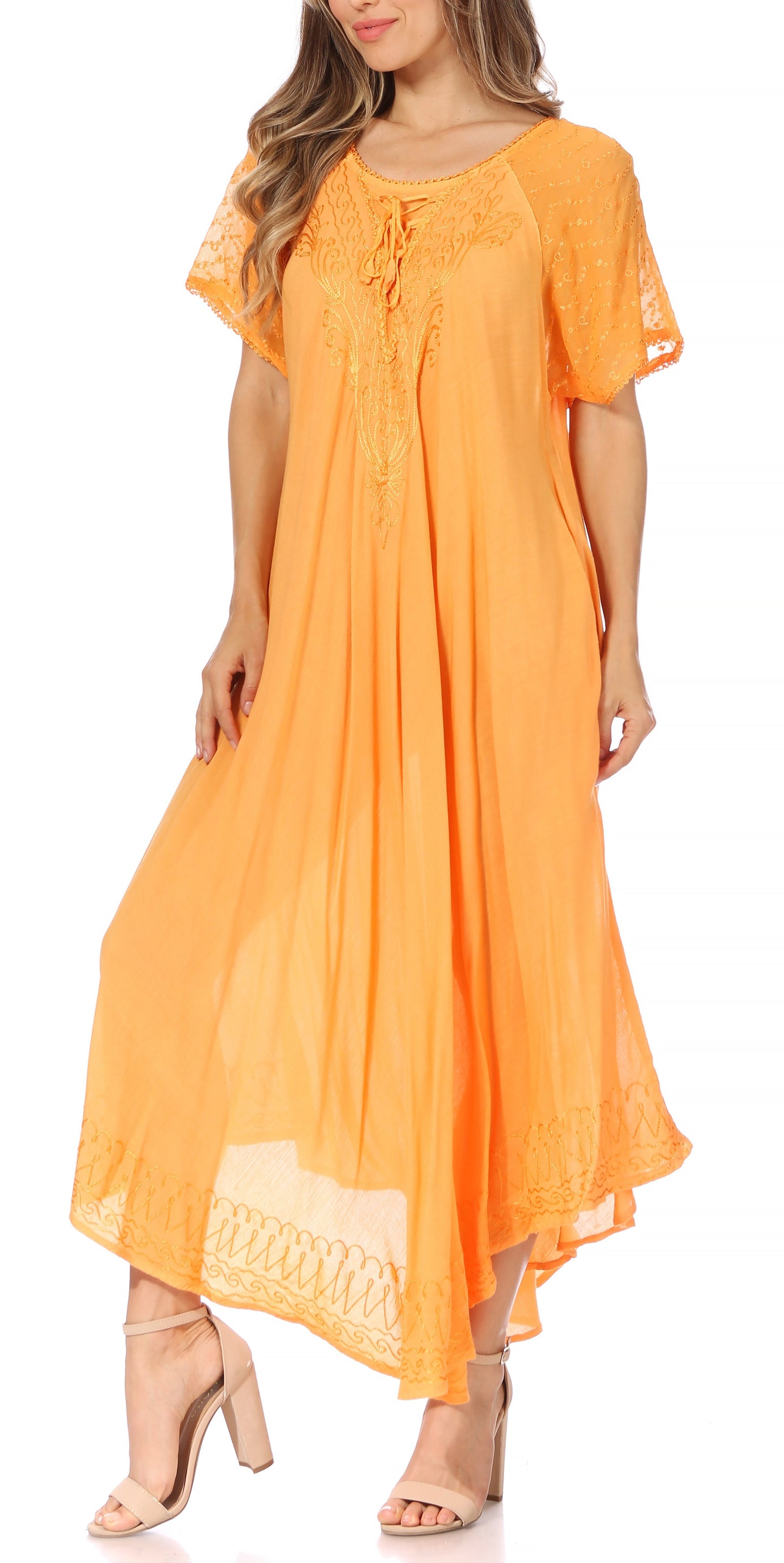 Sakkas Egan Women's Long Embroidered Caftan Dress / Cover Up With Embroidered Cap Sleeves - Concordia Style Boutique