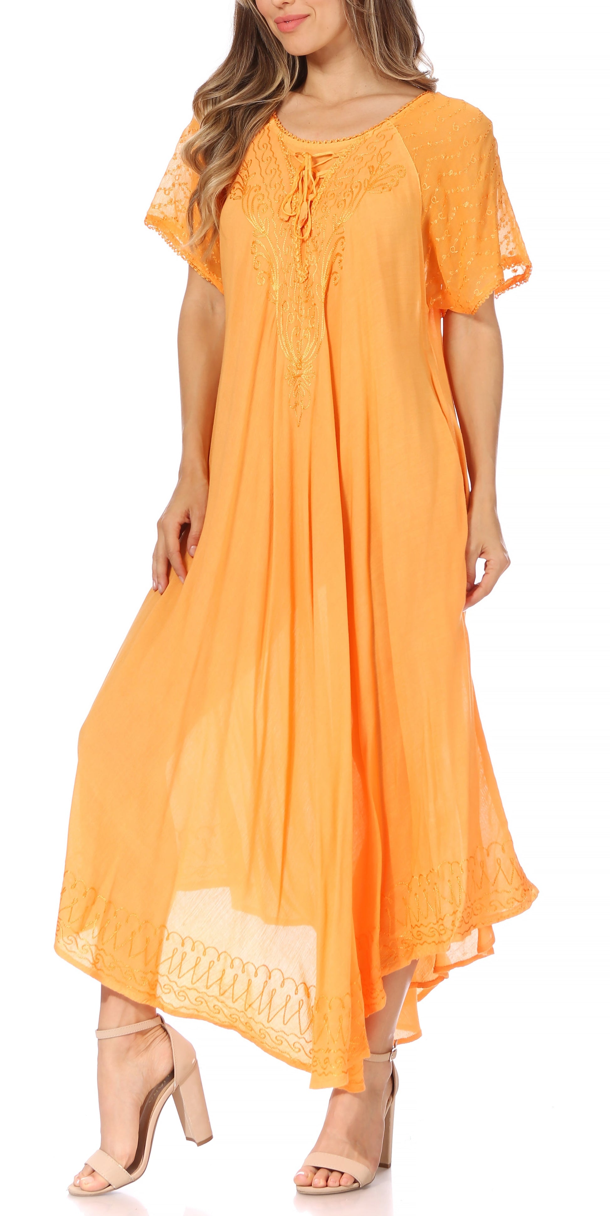Sakkas Egan Women's Long Embroidered Caftan Dress / Cover Up With Embroidered Cap Sleeves - Concordia Style Boutique