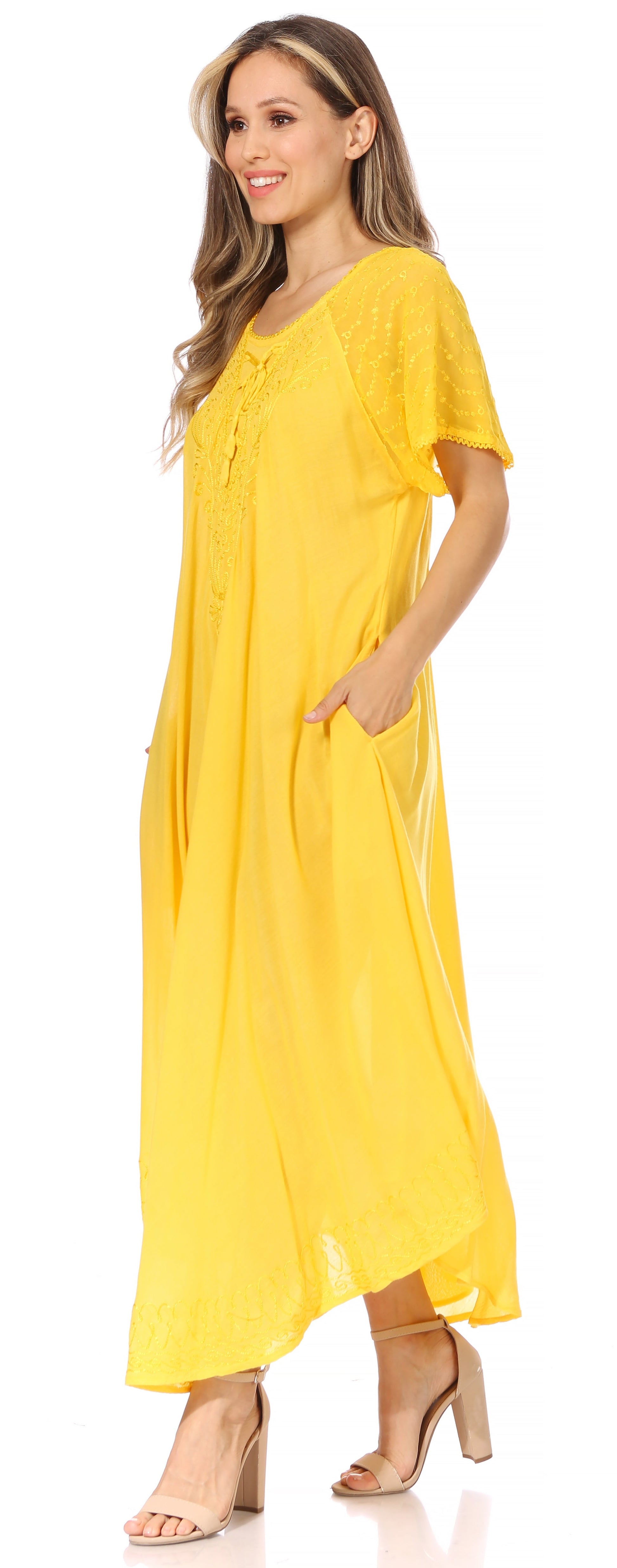 Sakkas Egan Women's Long Embroidered Caftan Dress / Cover Up With Embroidered Cap Sleeves - Concordia Style Boutique