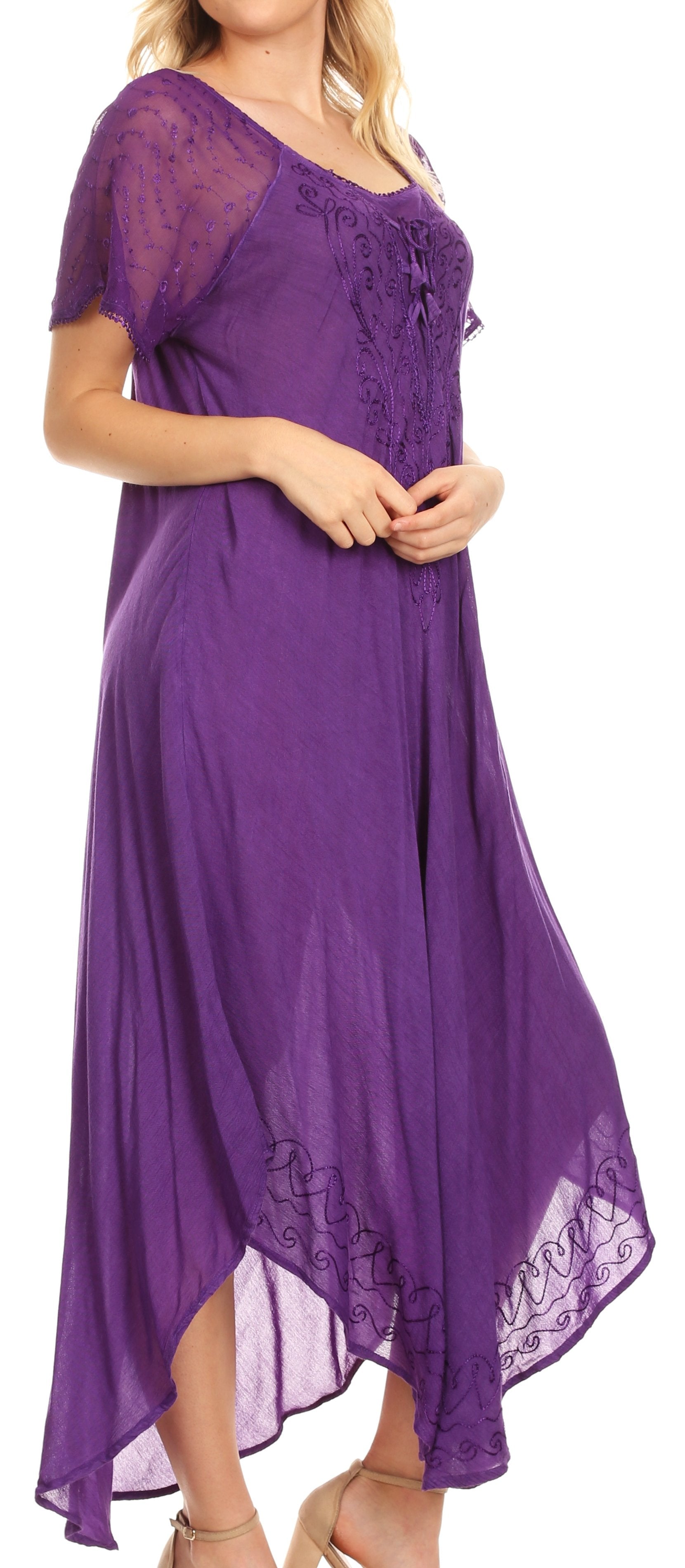 Sakkas Egan Women's Long Embroidered Caftan Dress / Cover Up With Embroidered Cap Sleeves - Concordia Style Boutique