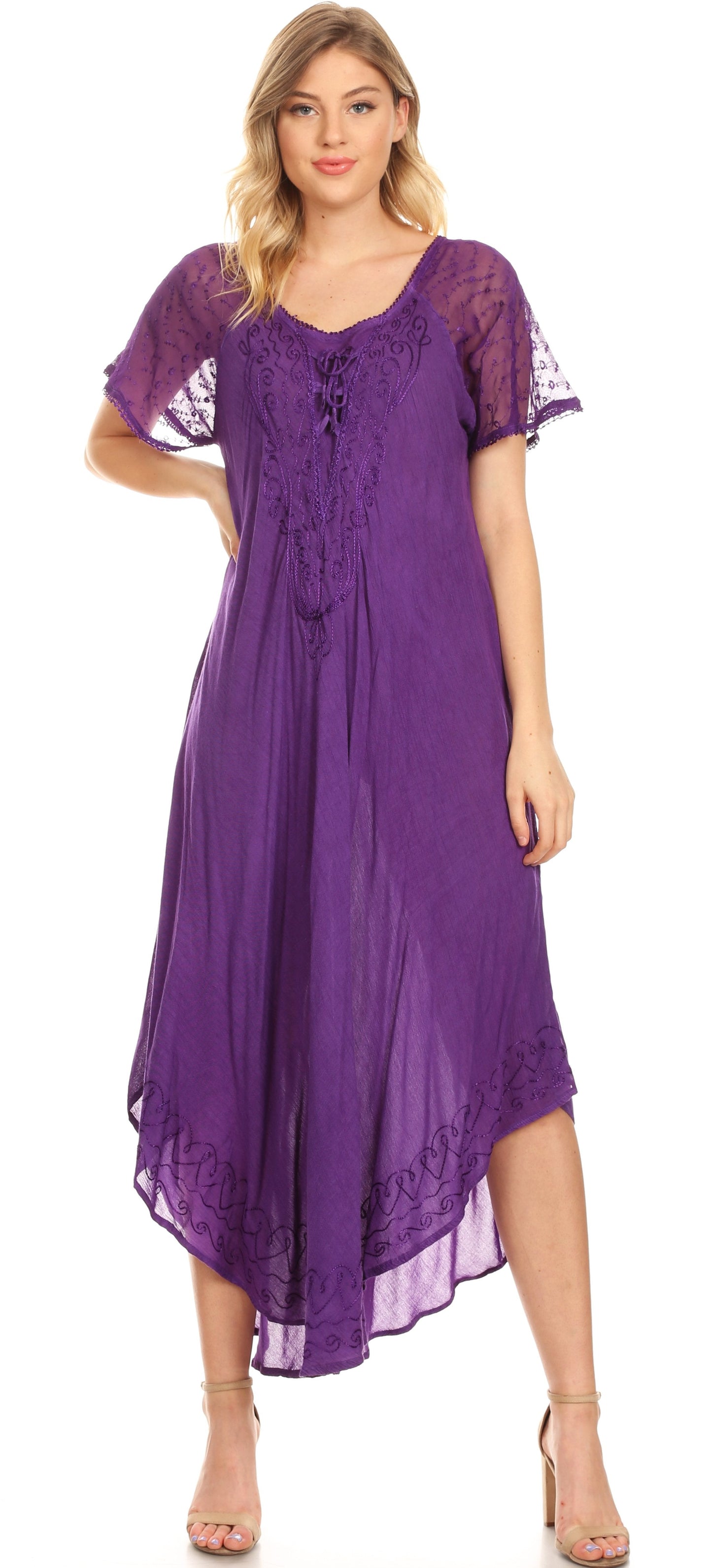 Sakkas Egan Women's Long Embroidered Caftan Dress / Cover Up With Embroidered Cap Sleeves - Concordia Style Boutique