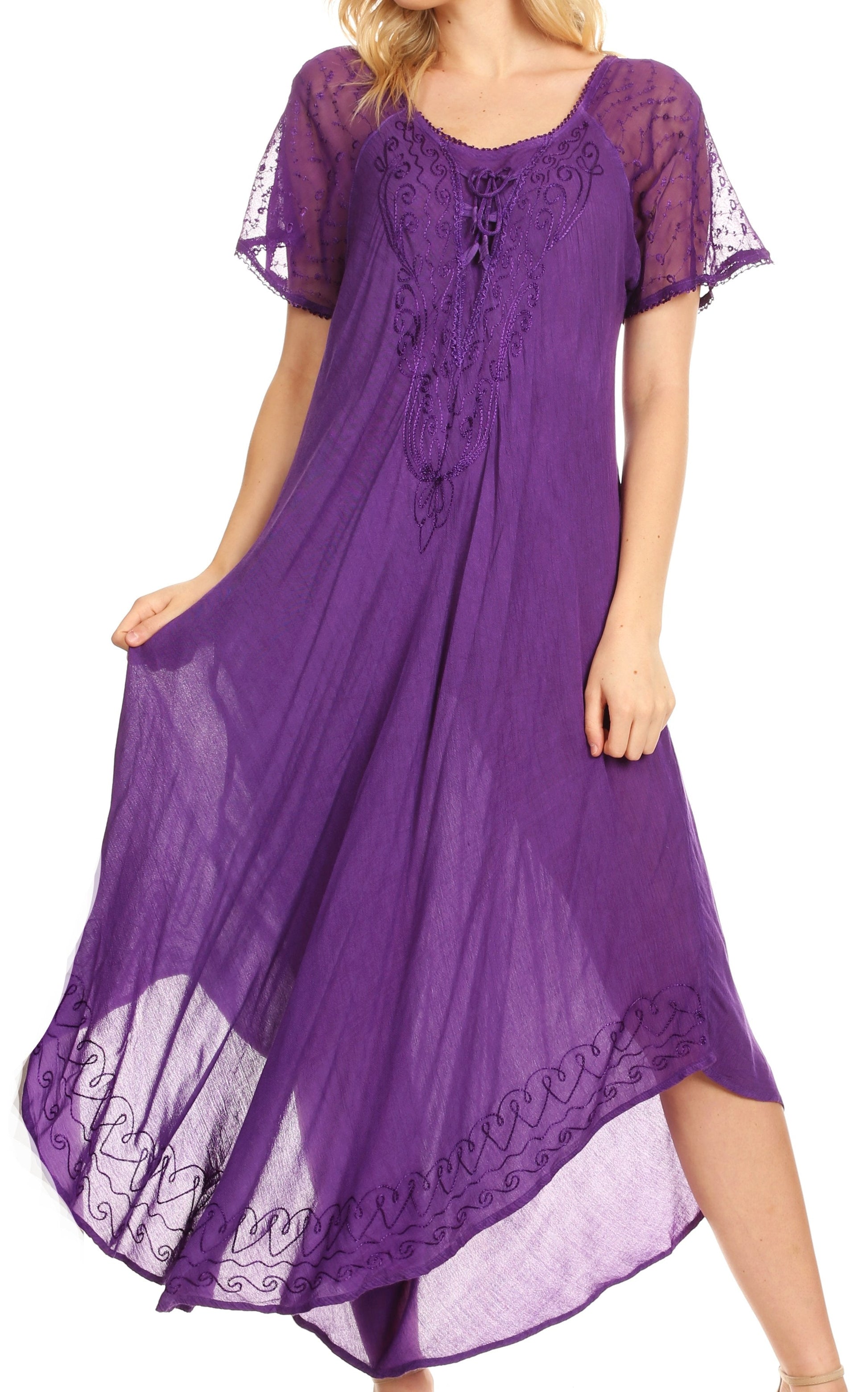 Sakkas Egan Women's Long Embroidered Caftan Dress / Cover Up With Embroidered Cap Sleeves - Concordia Style Boutique