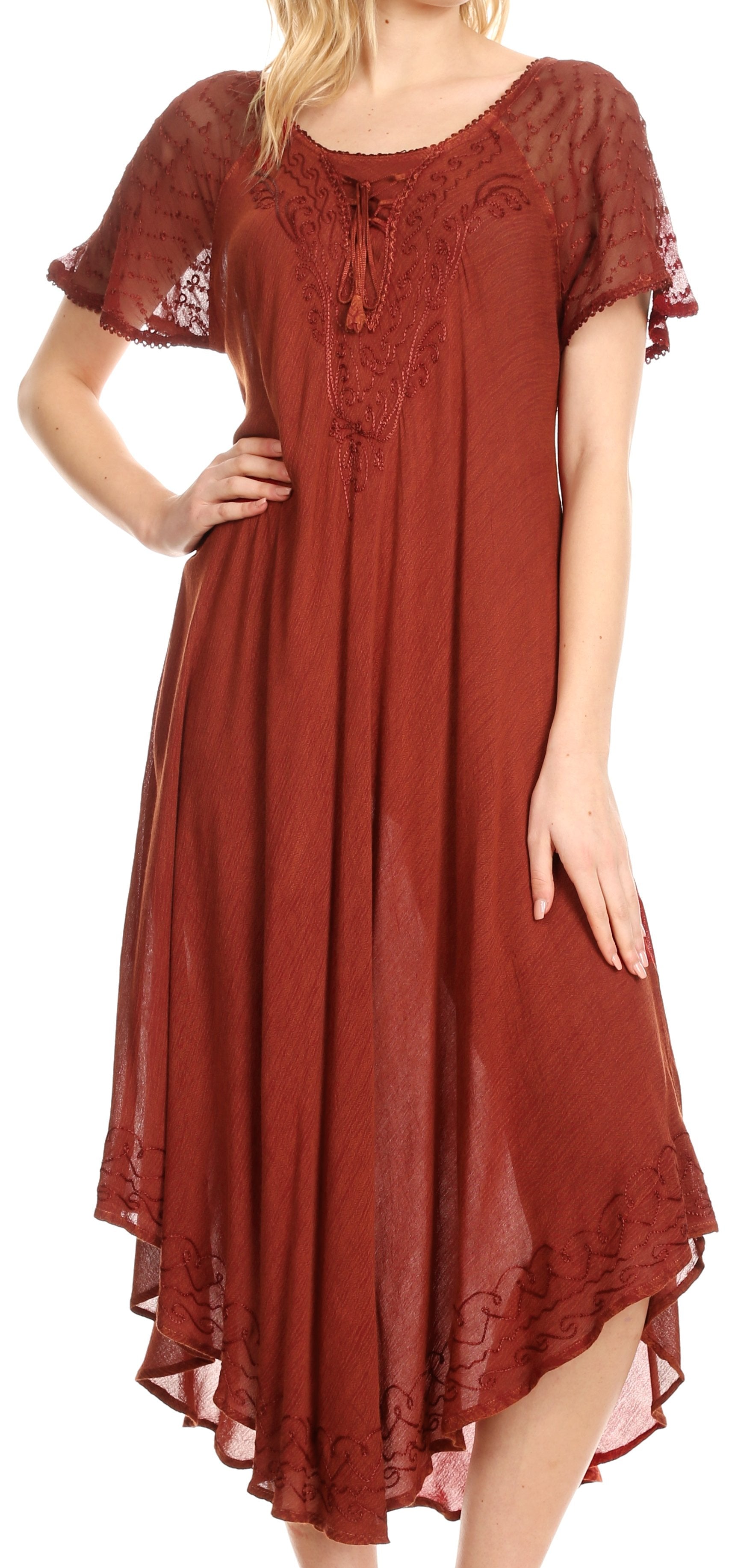 Sakkas Egan Women's Long Embroidered Caftan Dress / Cover Up With Embroidered Cap Sleeves - Concordia Style Boutique