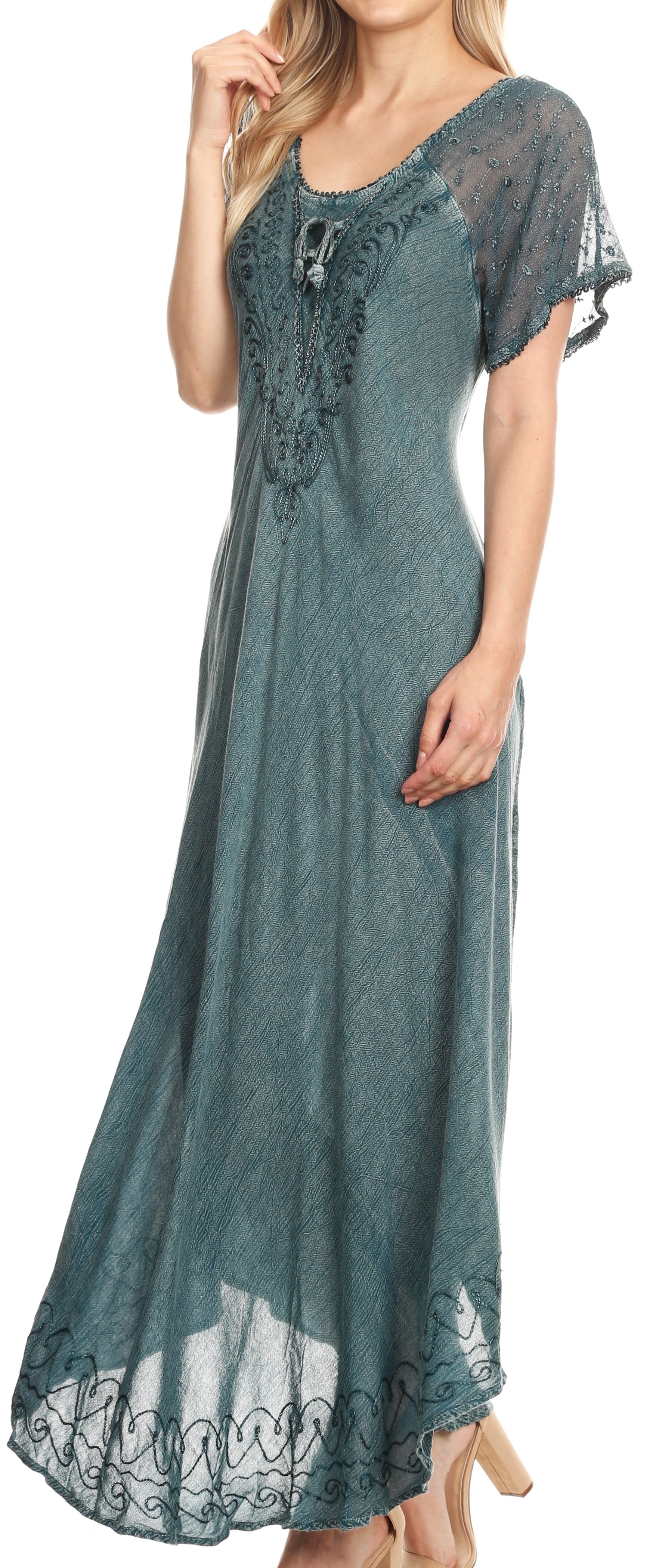 Sakkas Egan Women's Long Embroidered Caftan Dress / Cover Up With Embroidered Cap Sleeves - Concordia Style Boutique