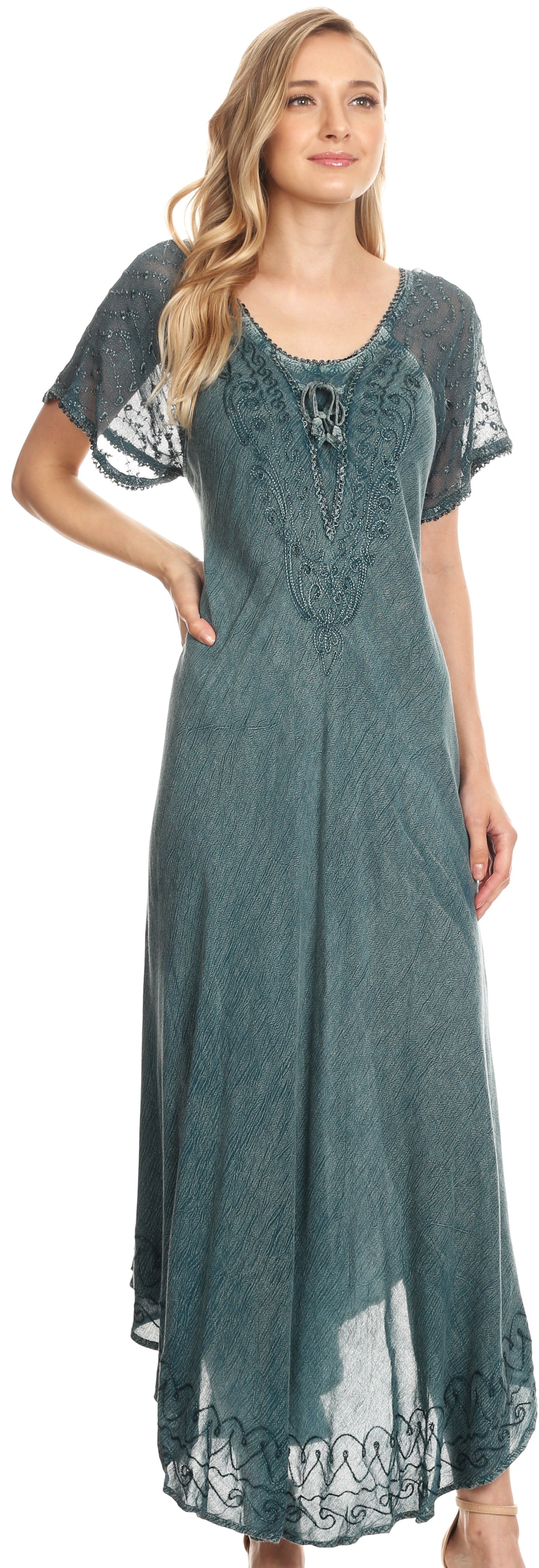 Sakkas Egan Women's Long Embroidered Caftan Dress / Cover Up With Embroidered Cap Sleeves - Concordia Style Boutique