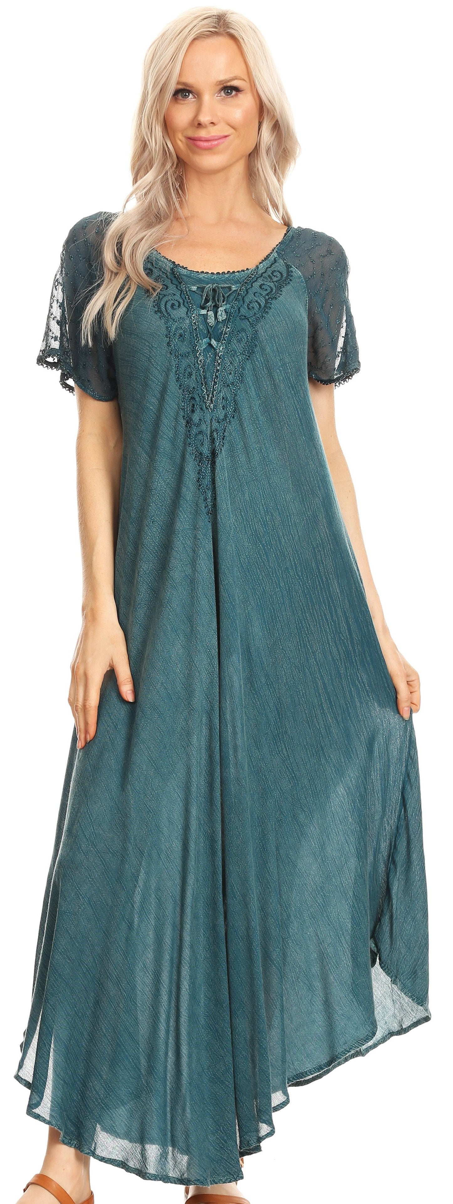 Sakkas Helena Embroidered Nightgown / Women Sleepwear with Eyelet Sleeves - Concordia Style Boutique