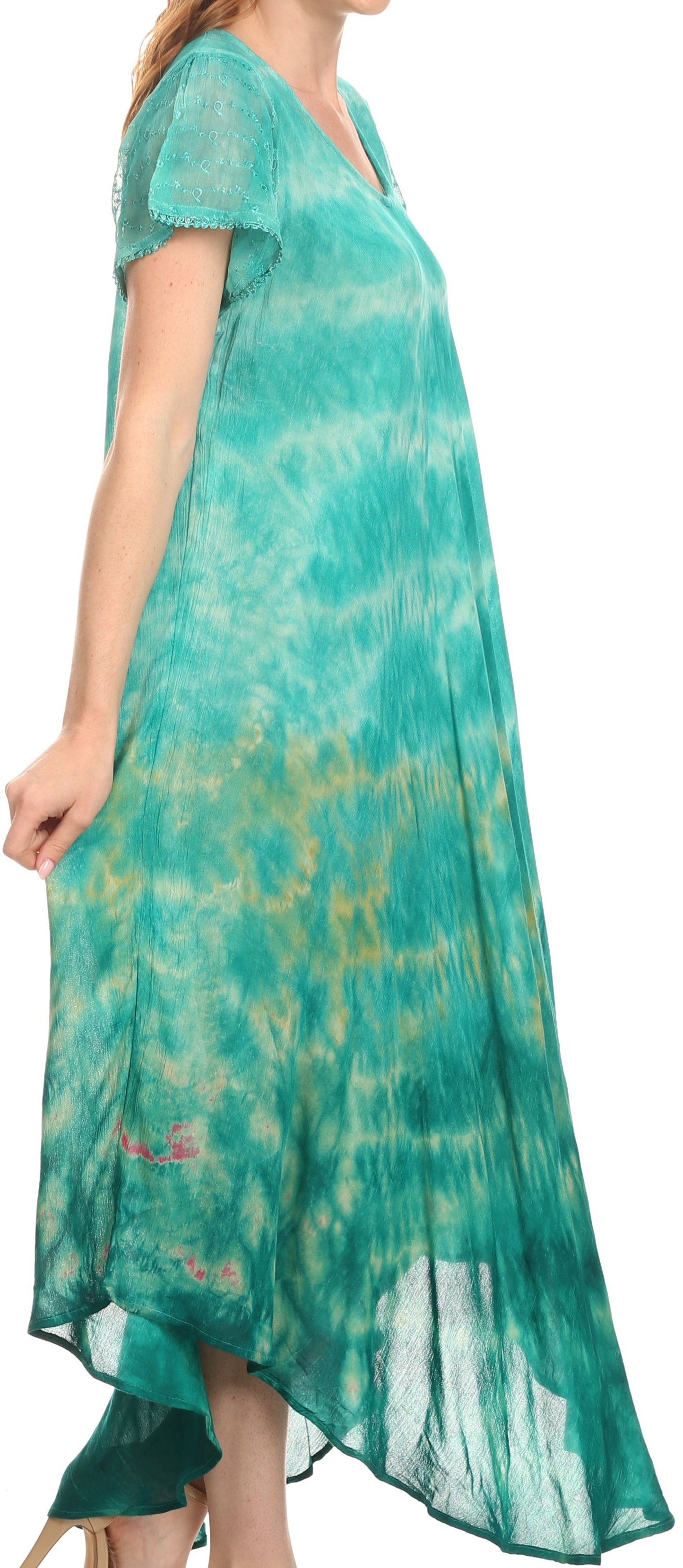 Sakkas Kaylaye Long Tie Dye Ombre Embroidered Cap Sleeve Caftan Dress / Cover Up - Concordia Style Boutique