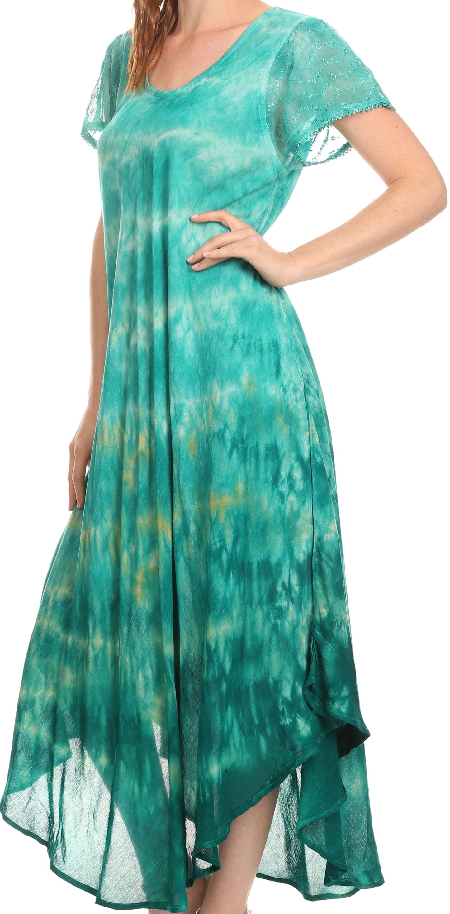 Sakkas Kaylaye Long Tie Dye Ombre Embroidered Cap Sleeve Caftan Dress / Cover Up - Concordia Style Boutique