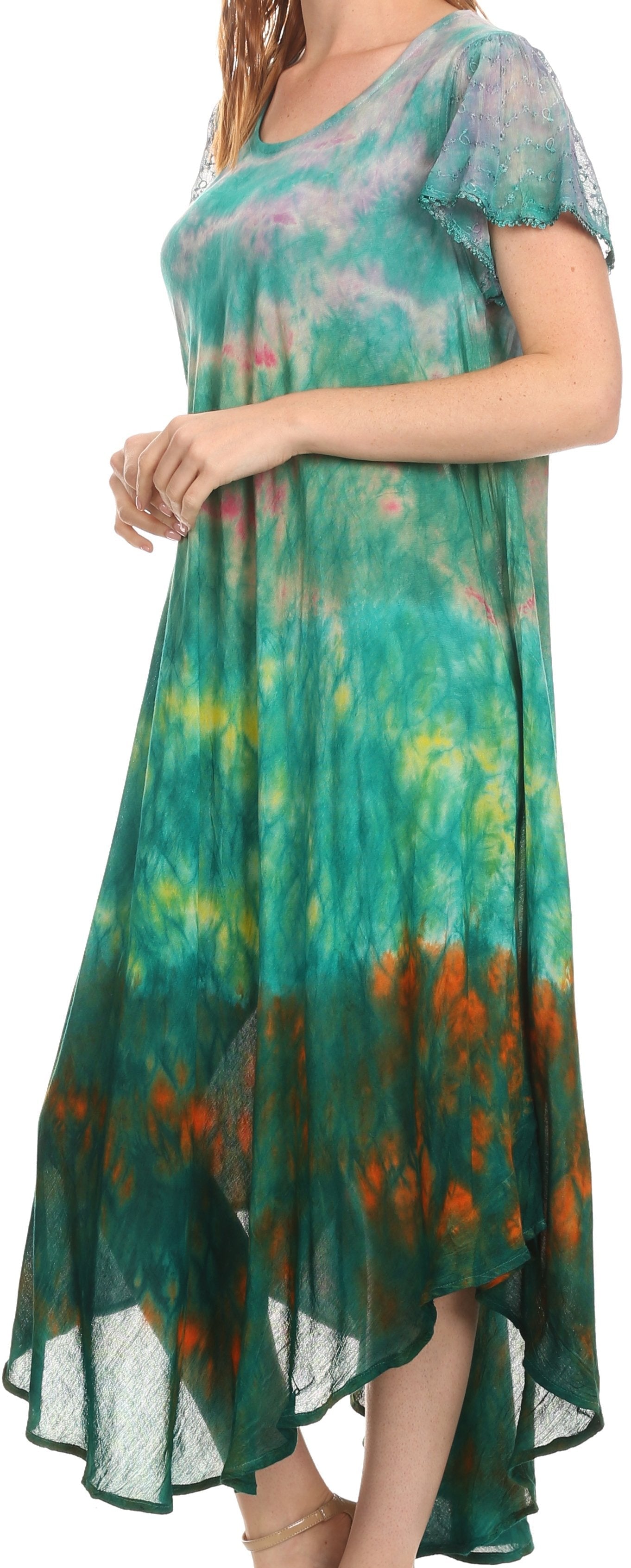 Sakkas Kaylaye Long Tie Dye Ombre Embroidered Cap Sleeve Caftan Dress / Cover Up - Concordia Style Boutique