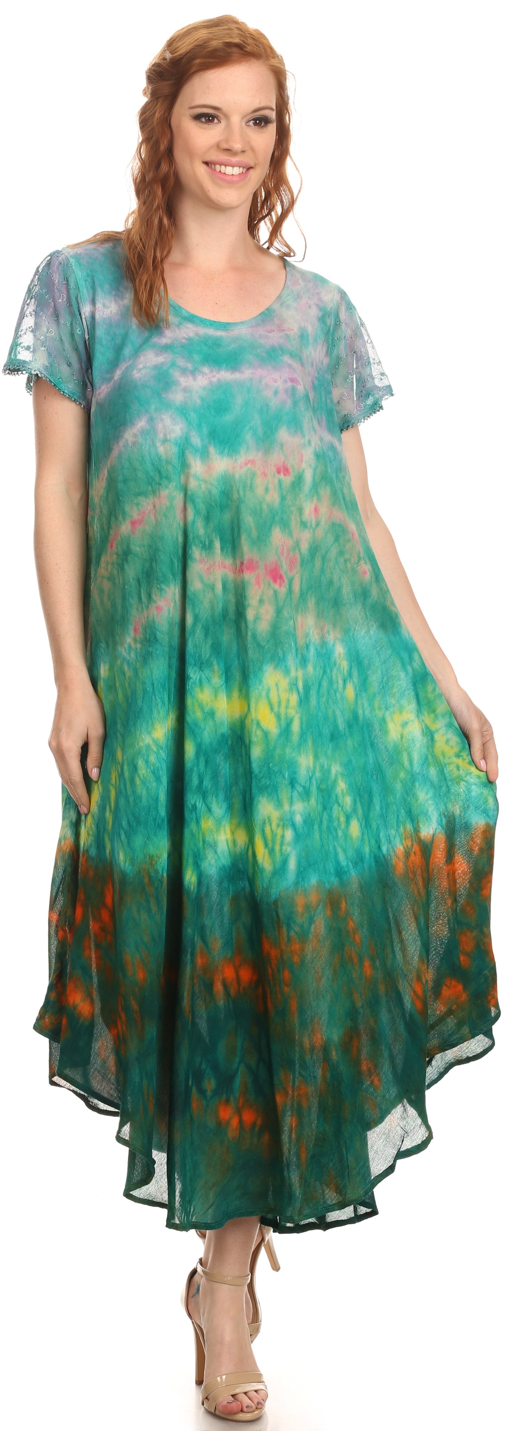 Sakkas Kaylaye Long Tie Dye Ombre Embroidered Cap Sleeve Caftan Dress / Cover Up - Concordia Style Boutique