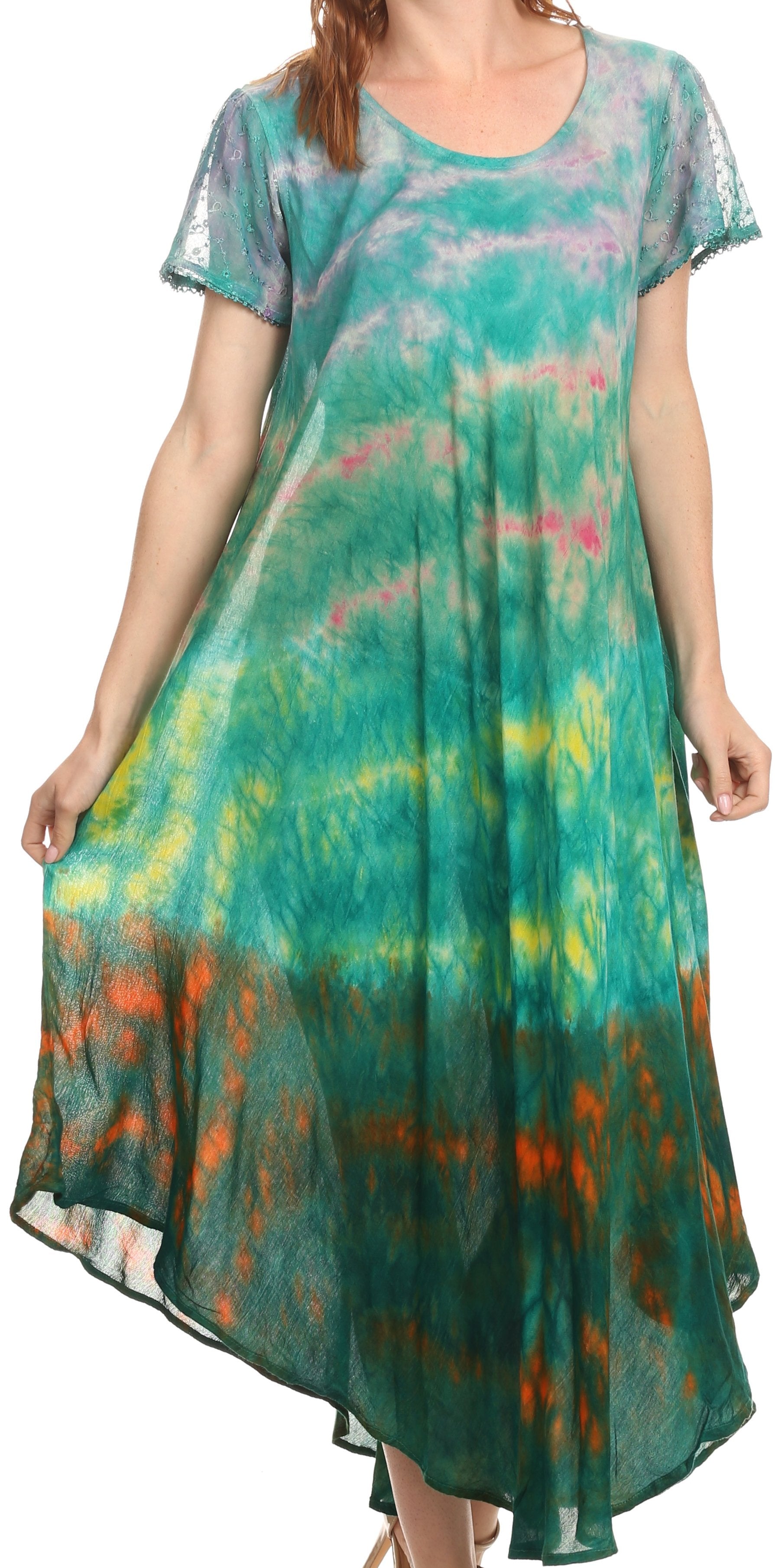 Sakkas Kaylaye Long Tie Dye Ombre Embroidered Cap Sleeve Caftan Dress / Cover Up - Concordia Style Boutique