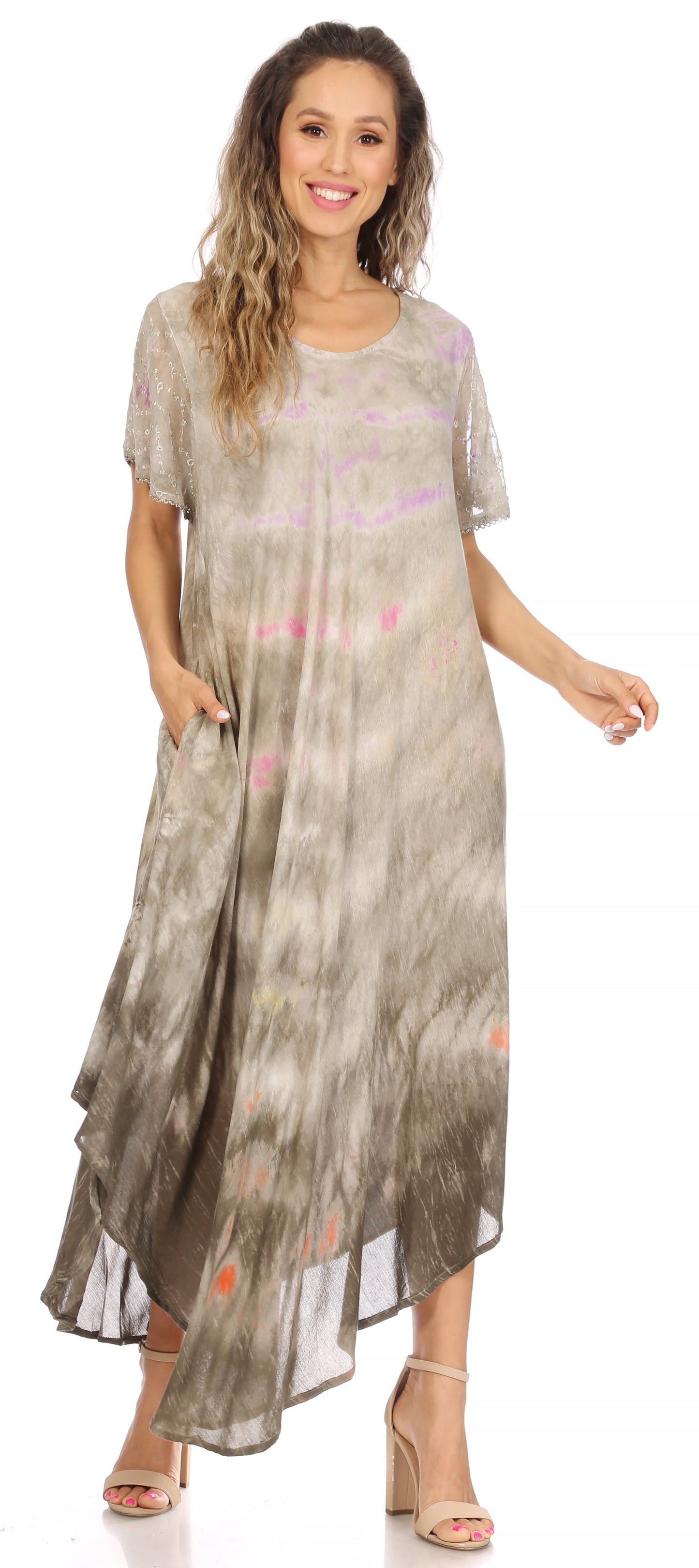 Sakkas Kaylaye Long Tie Dye Ombre Embroidered Cap Sleeve Caftan Dress / Cover Up - Concordia Style Boutique