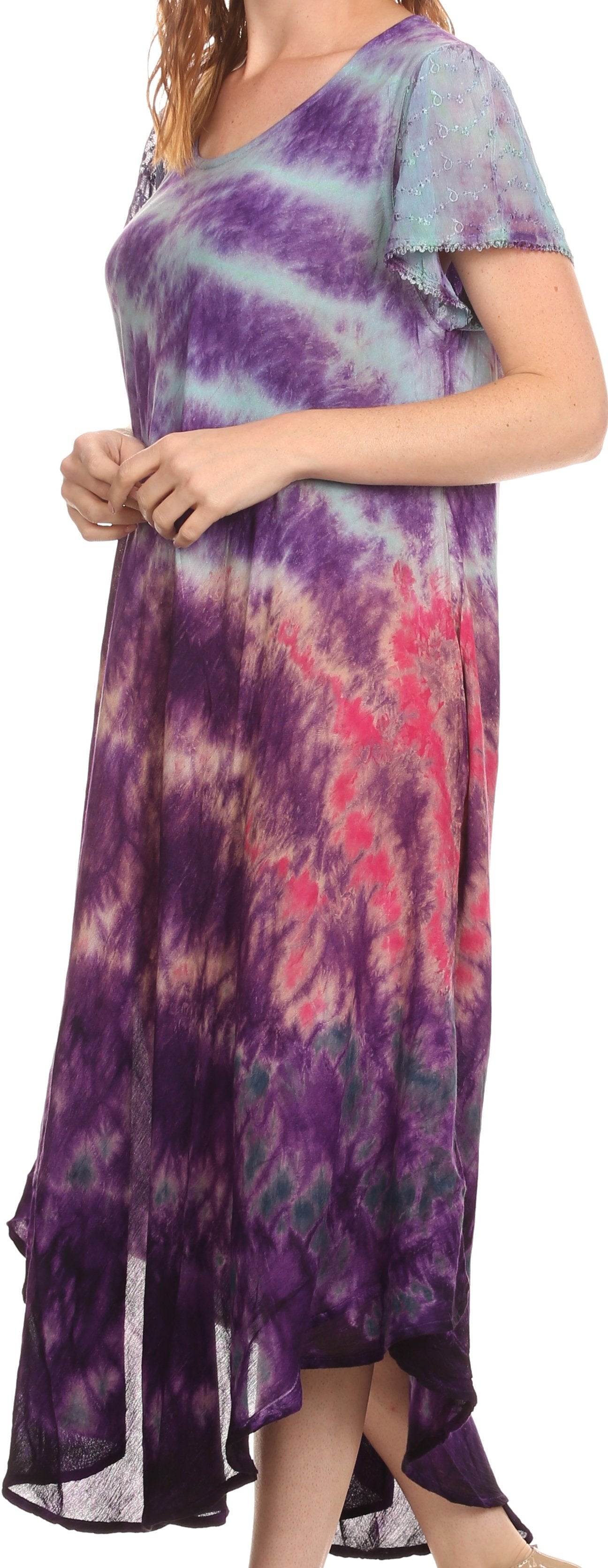 Sakkas Kaylaye Long Tie Dye Ombre Embroidered Cap Sleeve Caftan Dress / Cover Up - Concordia Style Boutique