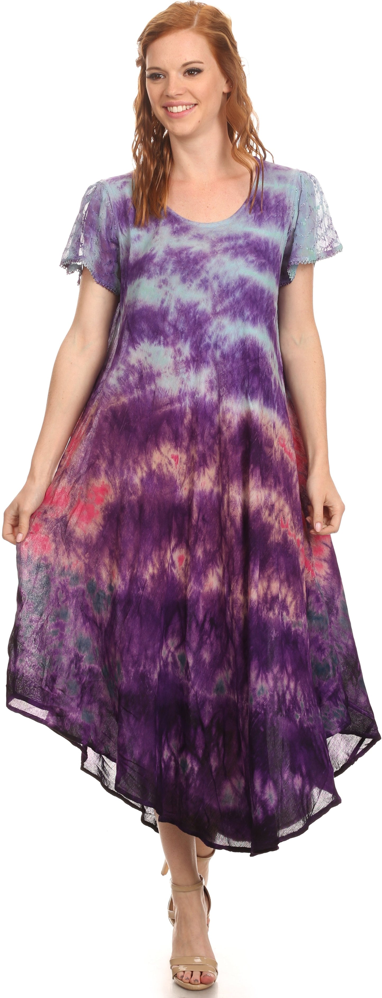 Sakkas Kaylaye Long Tie Dye Ombre Embroidered Cap Sleeve Caftan Dress / Cover Up - Concordia Style Boutique