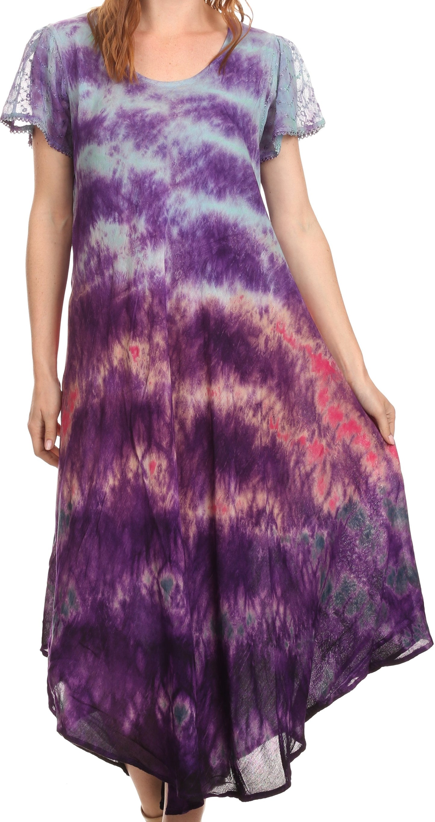 Sakkas Kaylaye Long Tie Dye Ombre Embroidered Cap Sleeve Caftan Dress / Cover Up - Concordia Style Boutique