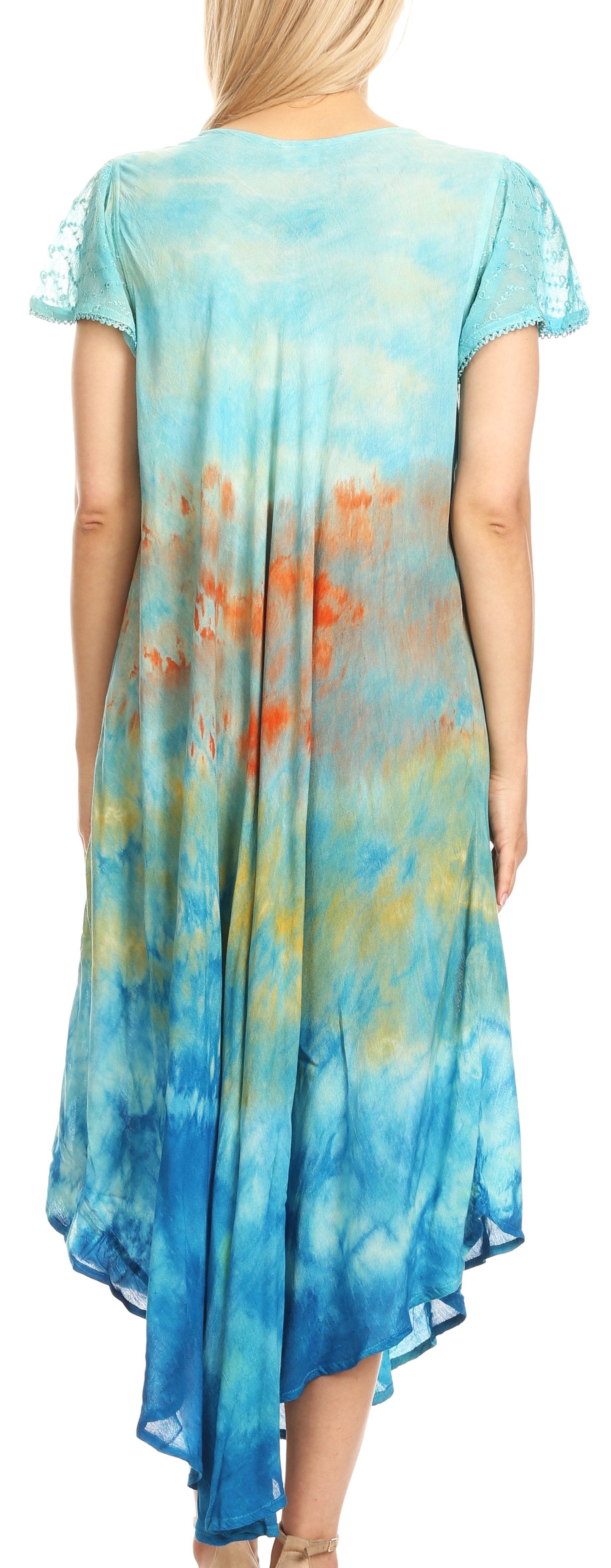Sakkas Kaylaye Long Tie Dye Ombre Embroidered Cap Sleeve Caftan Dress / Cover Up - Concordia Style Boutique