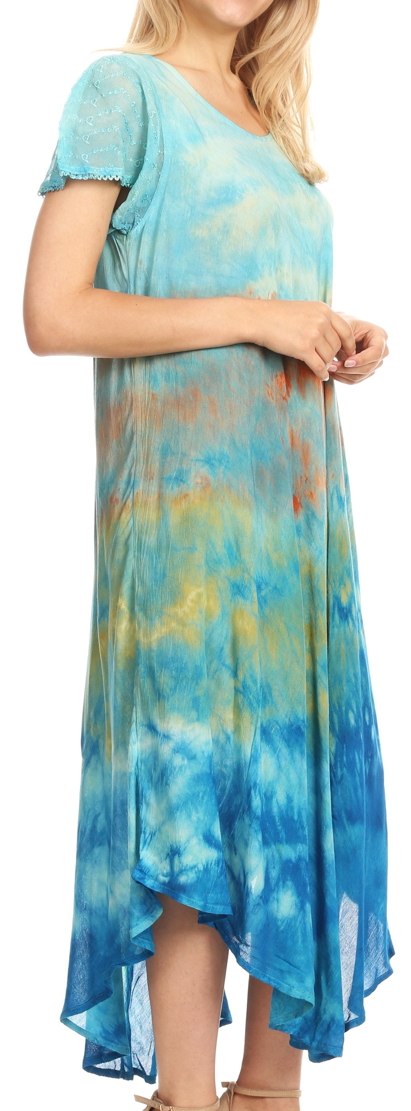 Sakkas Kaylaye Long Tie Dye Ombre Embroidered Cap Sleeve Caftan Dress / Cover Up - Concordia Style Boutique