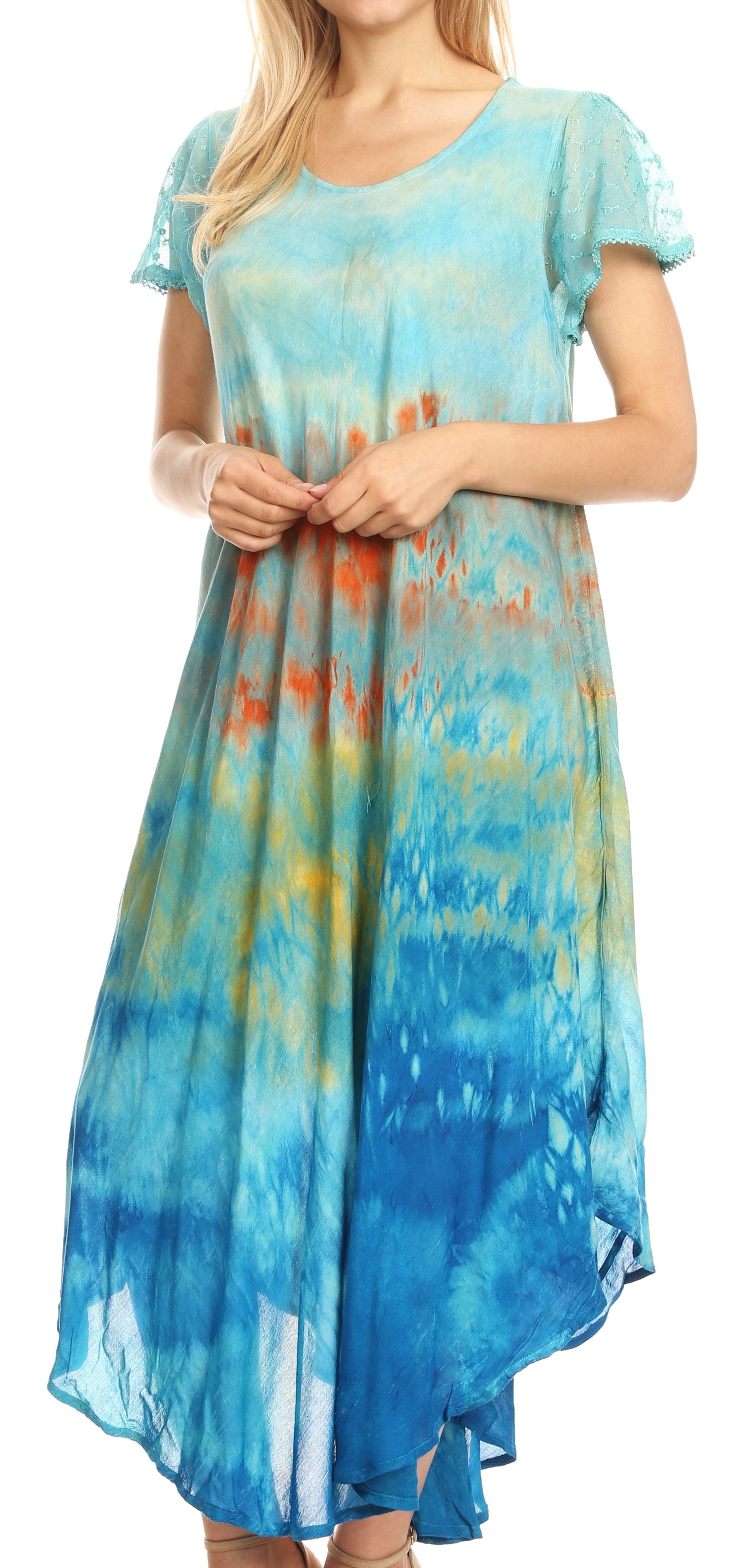 Sakkas Kaylaye Long Tie Dye Ombre Embroidered Cap Sleeve Caftan Dress / Cover Up - Concordia Style Boutique