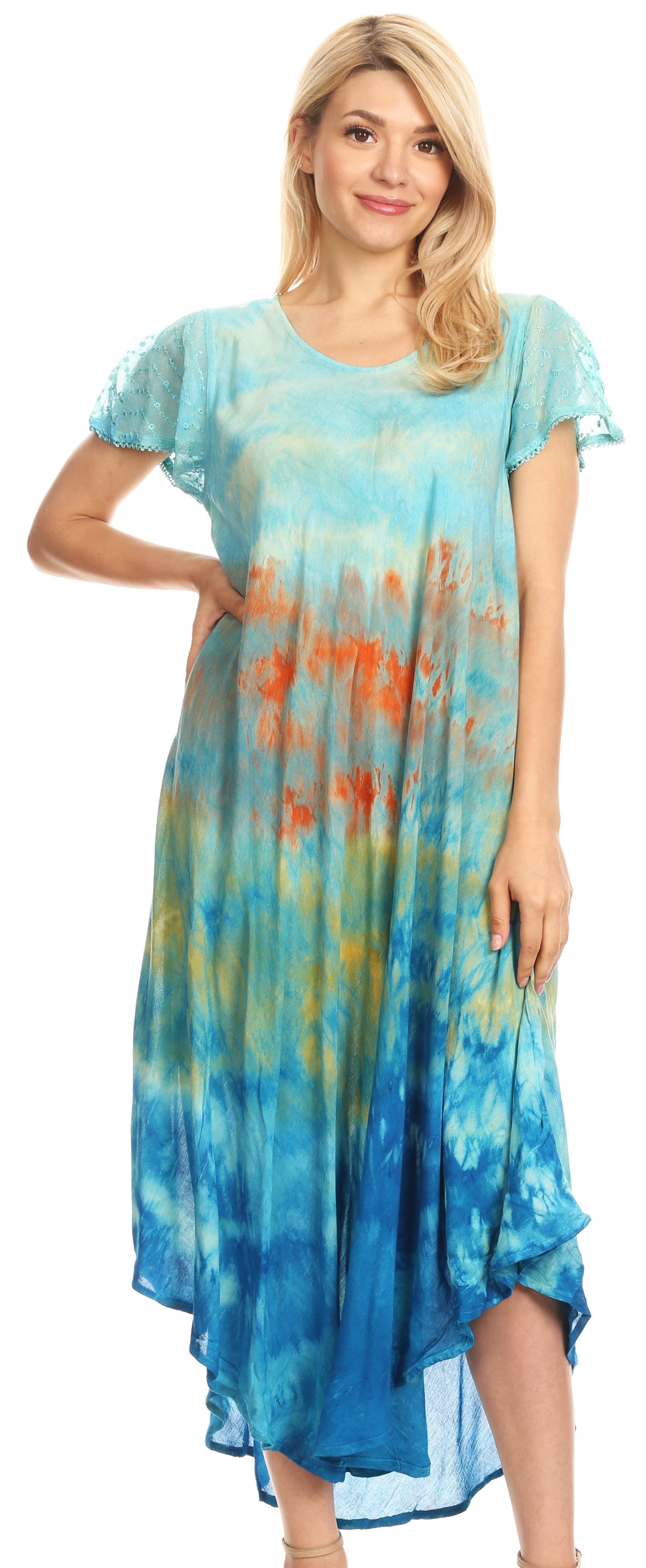 Sakkas Kaylaye Long Tie Dye Ombre Embroidered Cap Sleeve Caftan Dress / Cover Up - Concordia Style Boutique