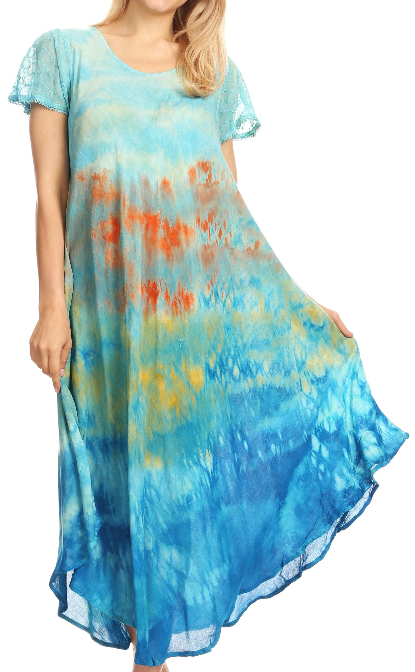 Sakkas Kaylaye Long Tie Dye Ombre Embroidered Cap Sleeve Caftan Dress / Cover Up - Concordia Style Boutique