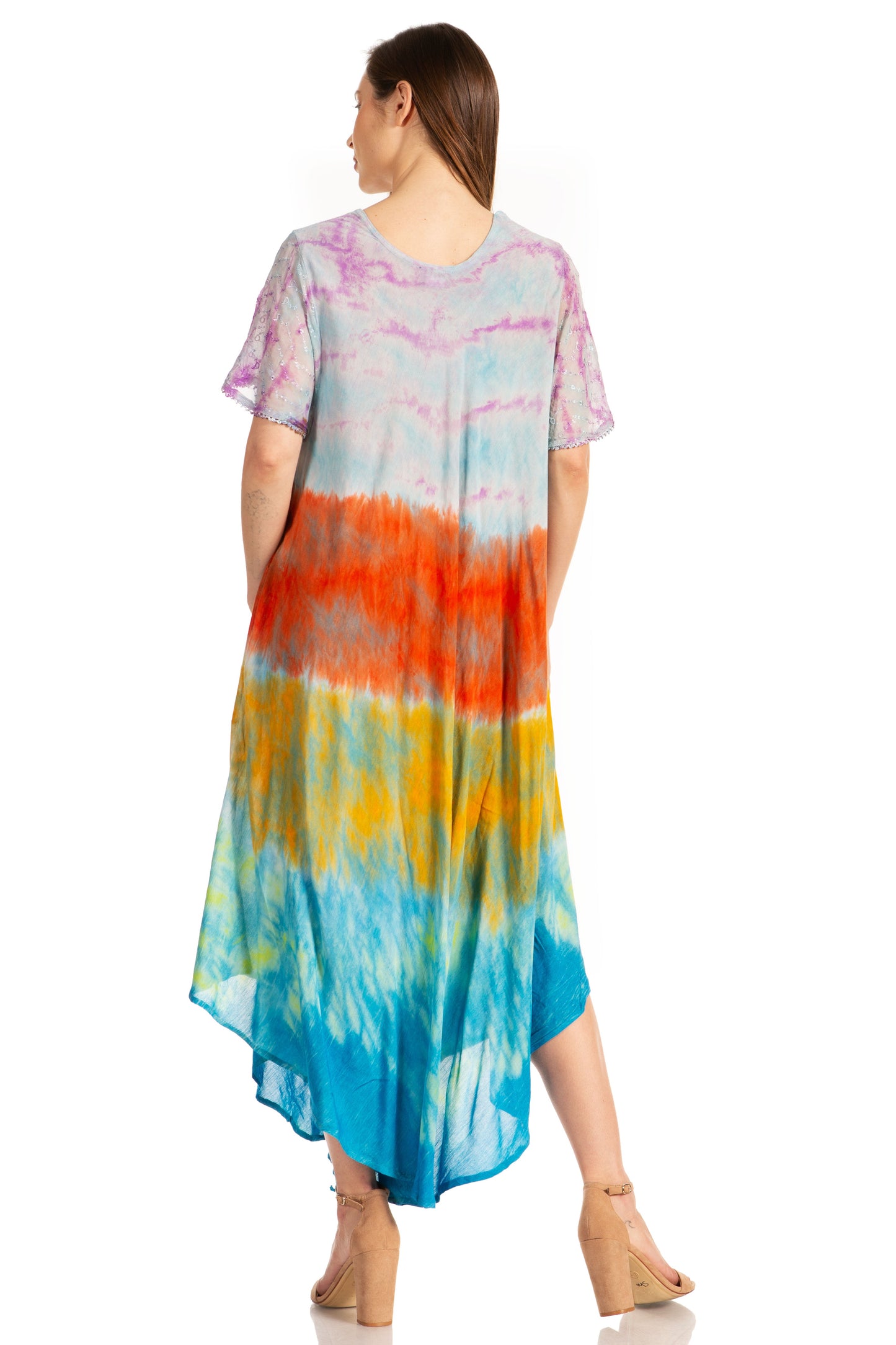 Sakkas Kaylaye Long Tie Dye Ombre Embroidered Cap Sleeve Caftan Dress / Cover Up - Concordia Style Boutique