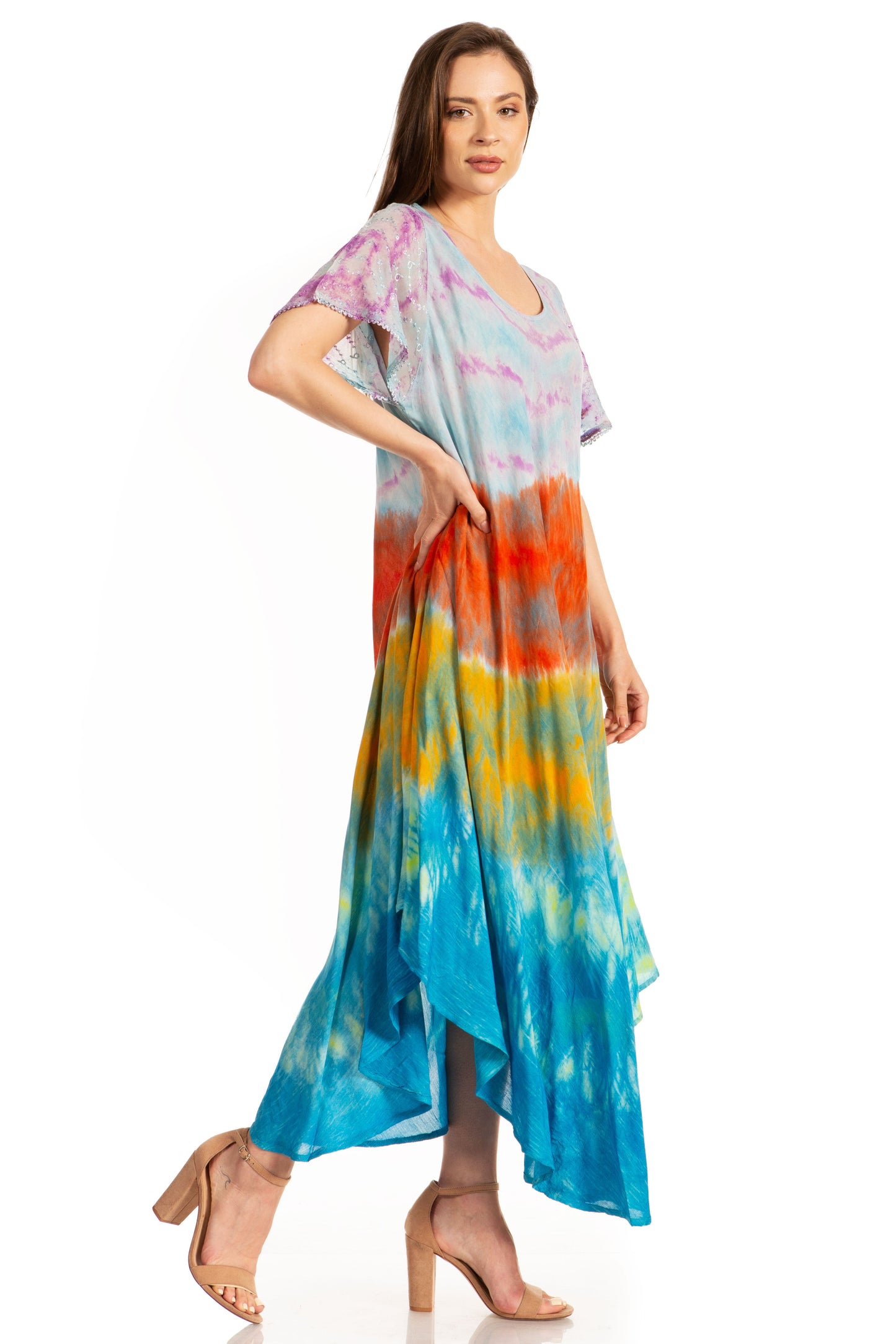 Sakkas Kaylaye Long Tie Dye Ombre Embroidered Cap Sleeve Caftan Dress / Cover Up - Concordia Style Boutique