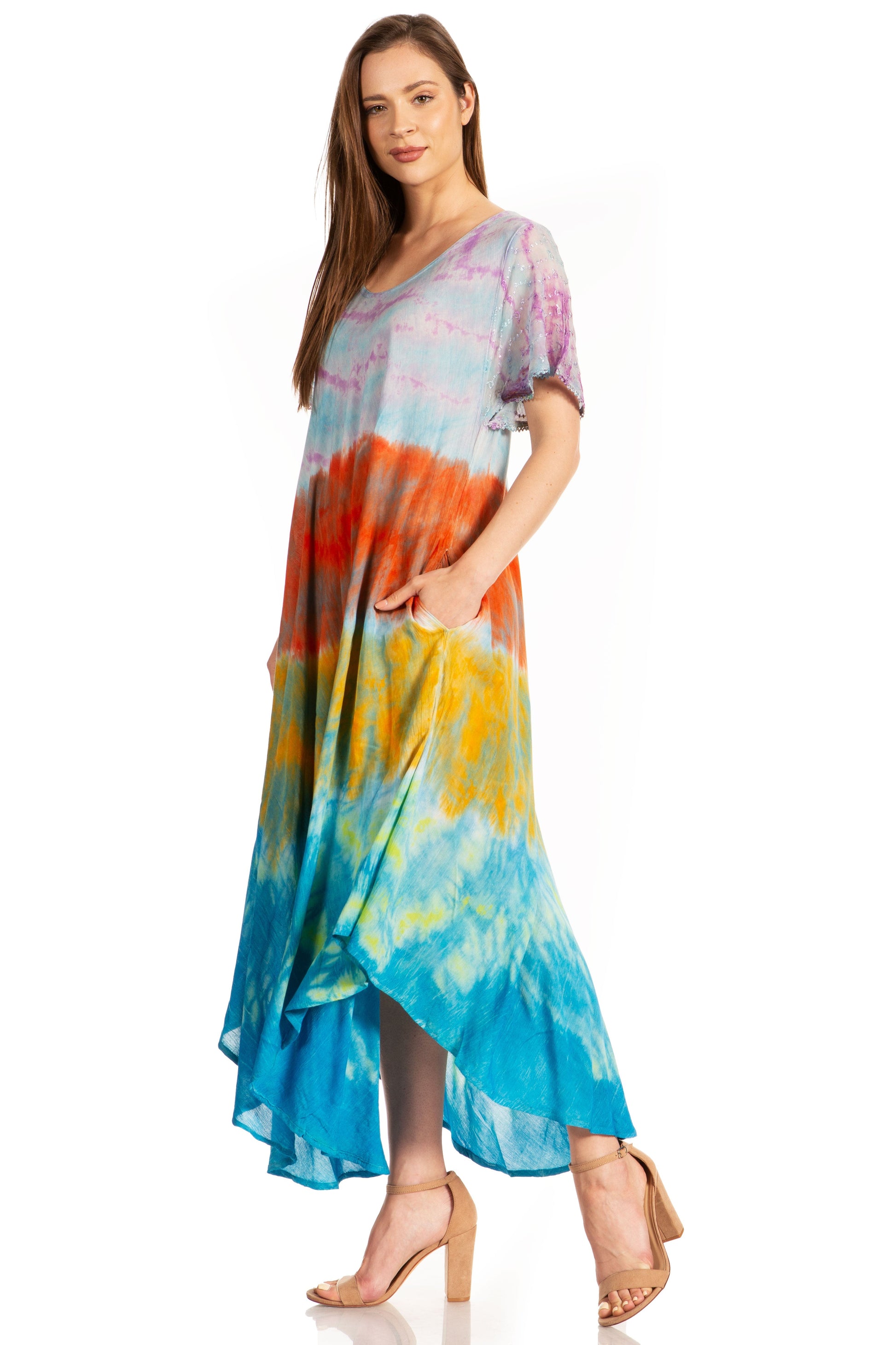 Sakkas Kaylaye Long Tie Dye Ombre Embroidered Cap Sleeve Caftan Dress / Cover Up - Concordia Style Boutique