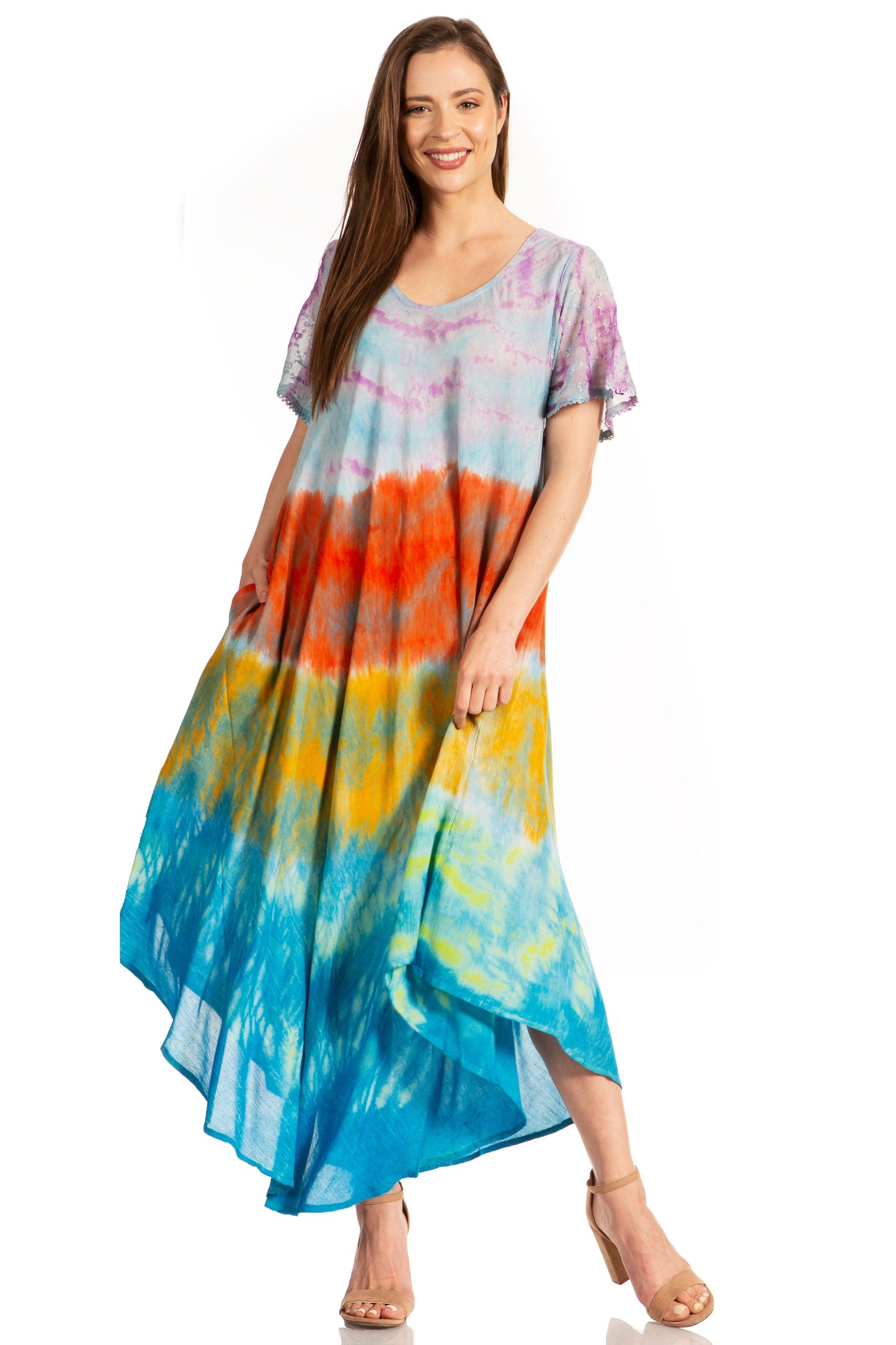 Sakkas Kaylaye Long Tie Dye Ombre Embroidered Cap Sleeve Caftan Dress / Cover Up - Concordia Style Boutique