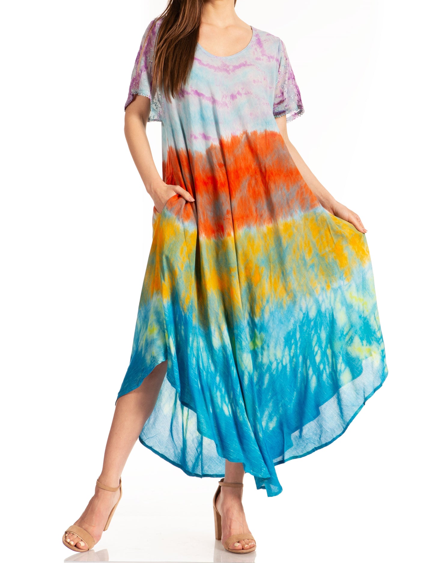 Sakkas Kaylaye Long Tie Dye Ombre Embroidered Cap Sleeve Caftan Dress / Cover Up - Concordia Style Boutique