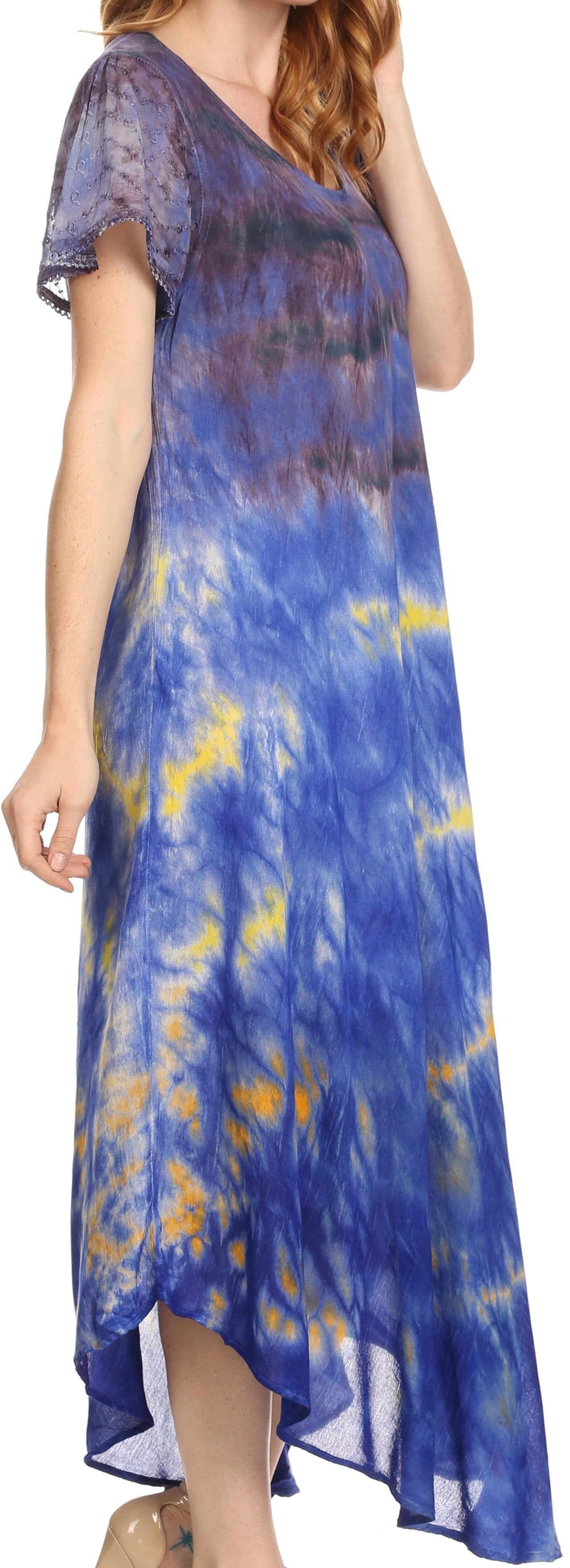 Sakkas Kaylaye Long Tie Dye Ombre Embroidered Cap Sleeve Caftan Dress / Cover Up - Concordia Style Boutique