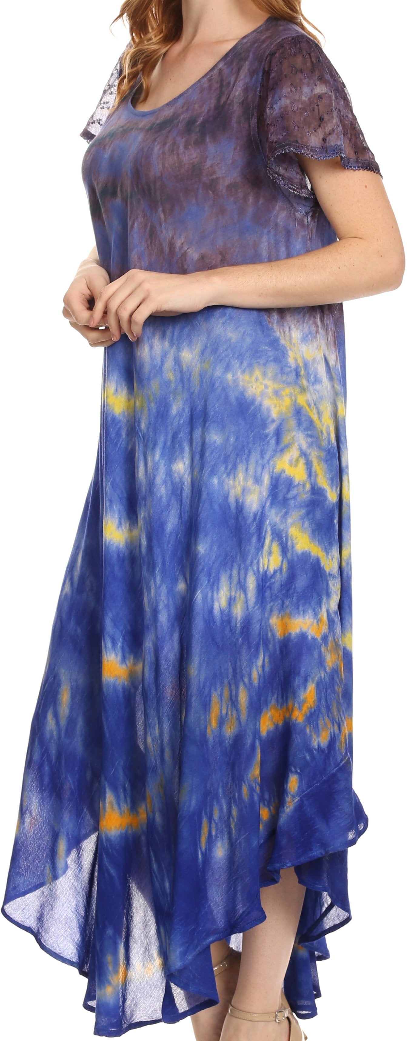Sakkas Kaylaye Long Tie Dye Ombre Embroidered Cap Sleeve Caftan Dress / Cover Up - Concordia Style Boutique