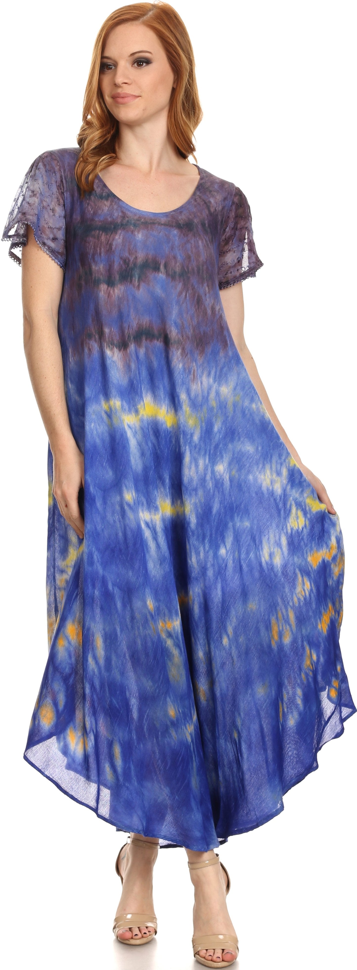 Sakkas Kaylaye Long Tie Dye Ombre Embroidered Cap Sleeve Caftan Dress / Cover Up - Concordia Style Boutique