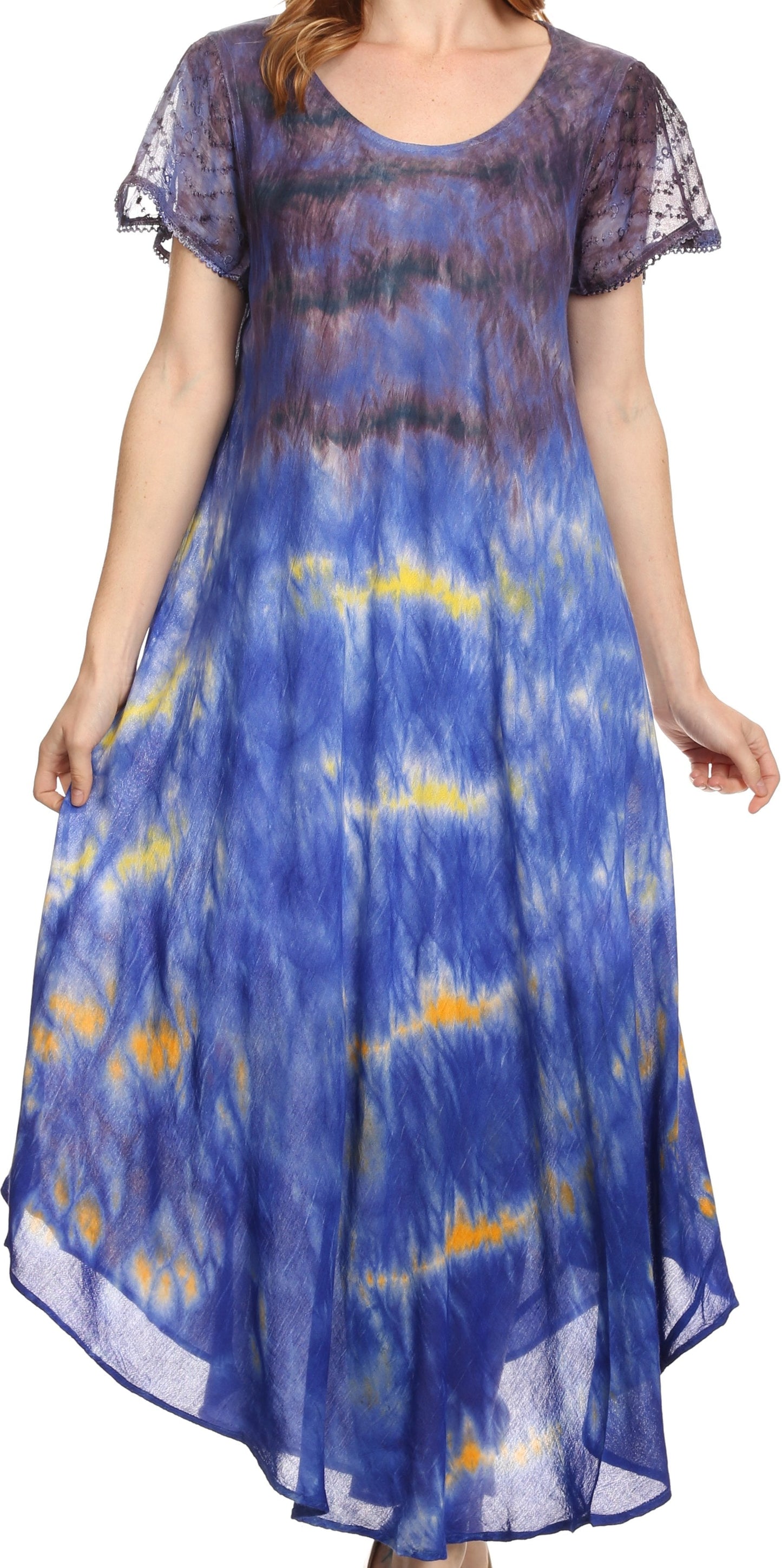 Sakkas Kaylaye Long Tie Dye Ombre Embroidered Cap Sleeve Caftan Dress / Cover Up - Concordia Style Boutique