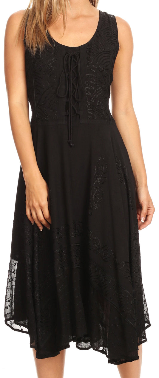 Sakkas Magdilena Stonewashed Corset Front Embroidered Dress - Concordia Style Boutique