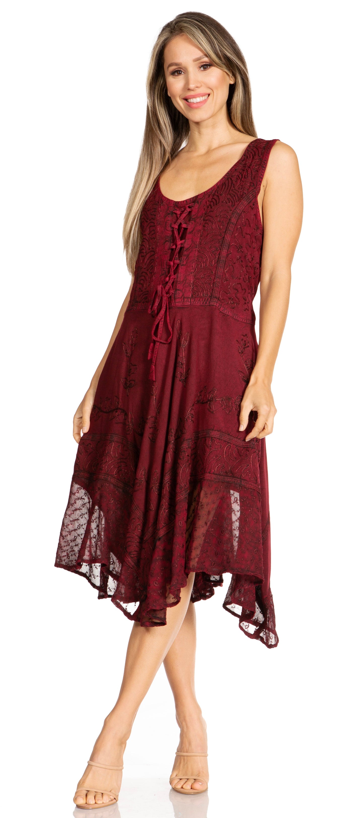 Sakkas Magdilena Stonewashed Corset Front Embroidered Dress - Concordia Style Boutique