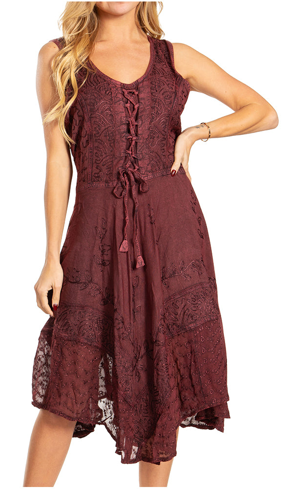 Sakkas Magdilena Stonewashed Corset Front Embroidered Dress - Concordia Style Boutique
