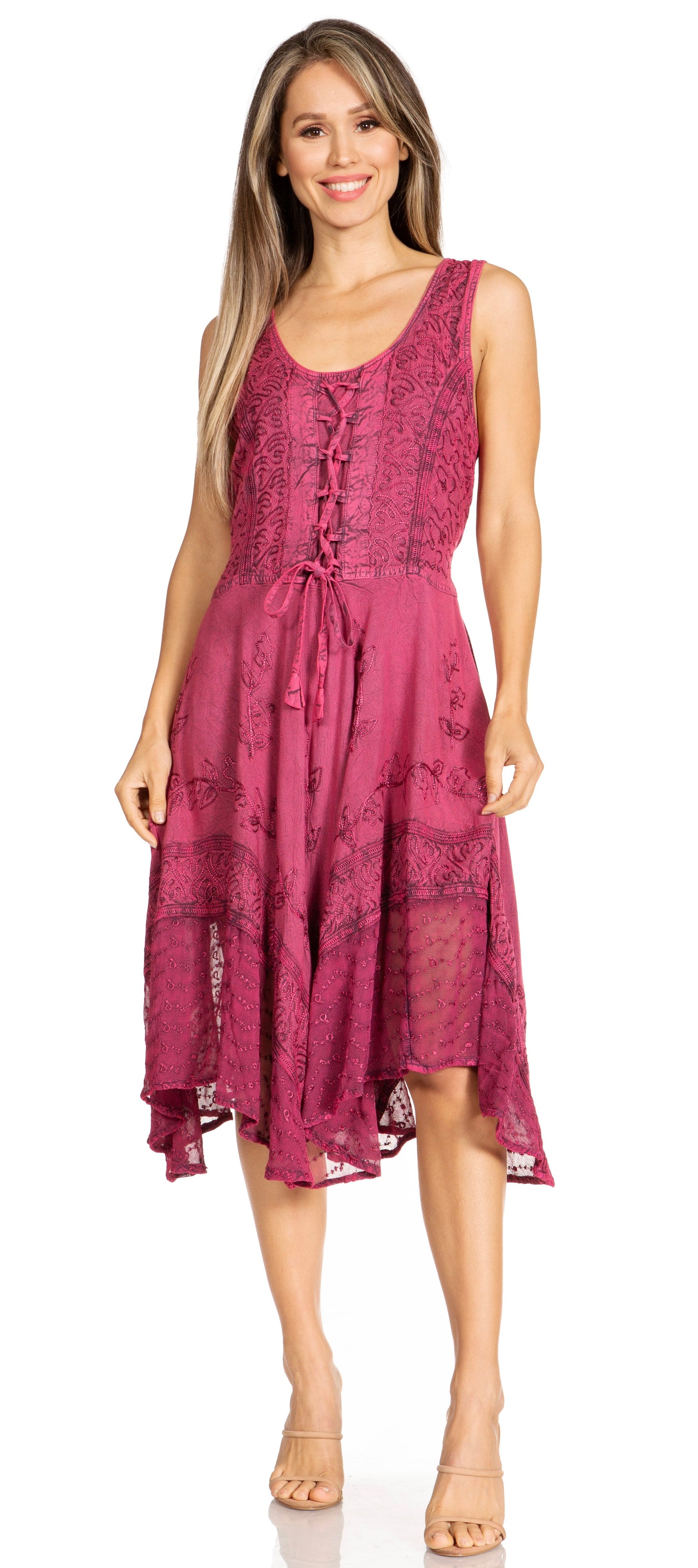 Sakkas Magdilena Stonewashed Corset Front Embroidered Dress - Concordia Style Boutique