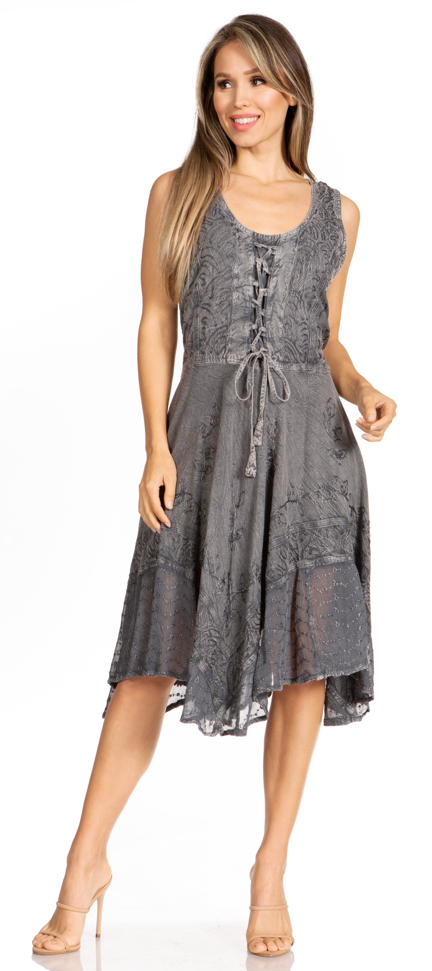 Sakkas Magdilena Stonewashed Corset Front Embroidered Dress - Concordia Style Boutique