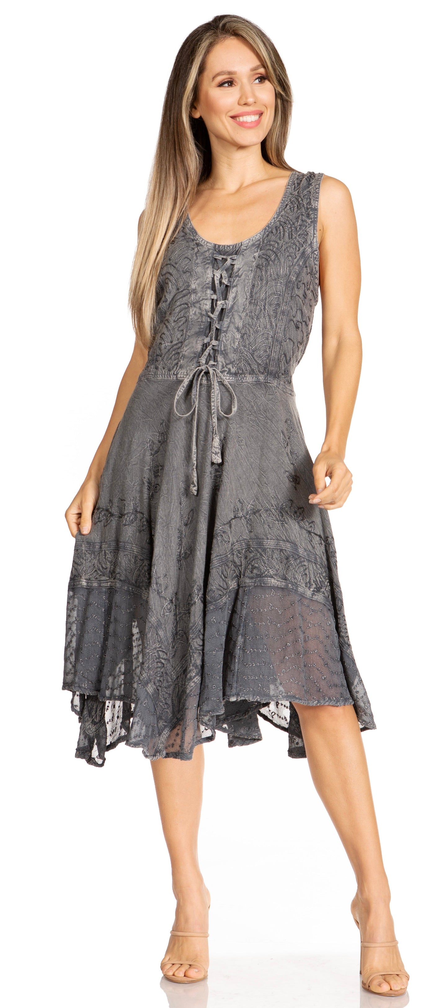 Sakkas Magdilena Stonewashed Corset Front Embroidered Dress - Concordia Style Boutique