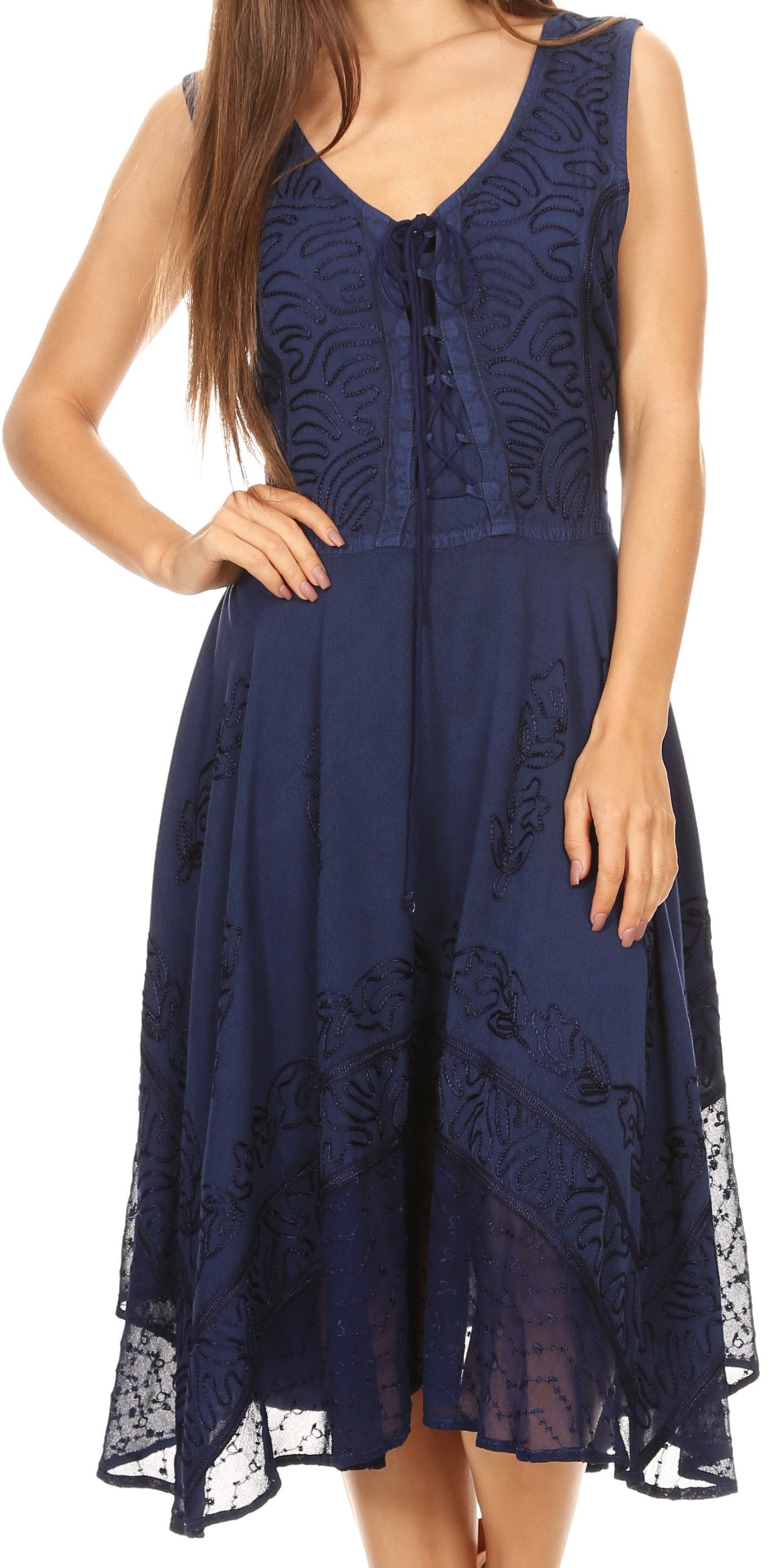 Sakkas Magdilena Stonewashed Corset Front Embroidered Dress - Concordia Style Boutique