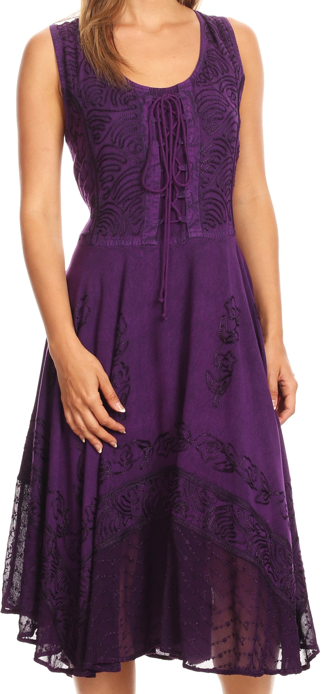 Sakkas Magdilena Stonewashed Corset Front Embroidered Dress - Concordia Style Boutique