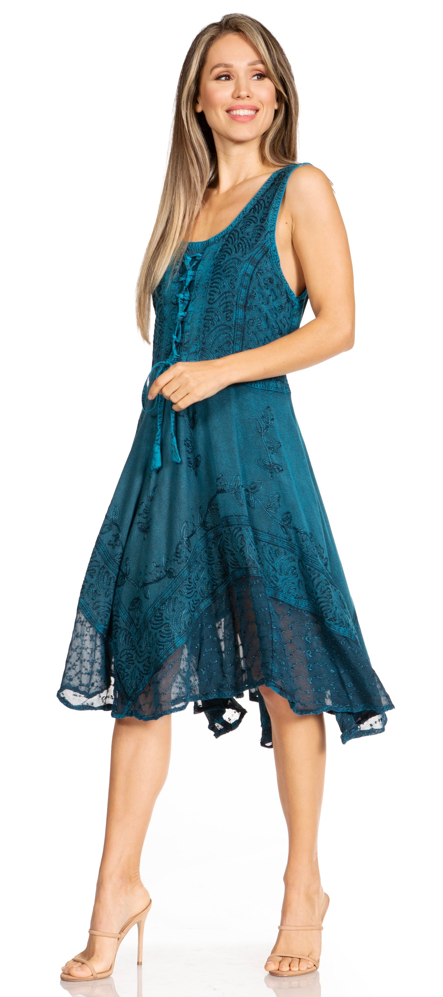 Sakkas Magdilena Stonewashed Corset Front Embroidered Dress - Concordia Style Boutique