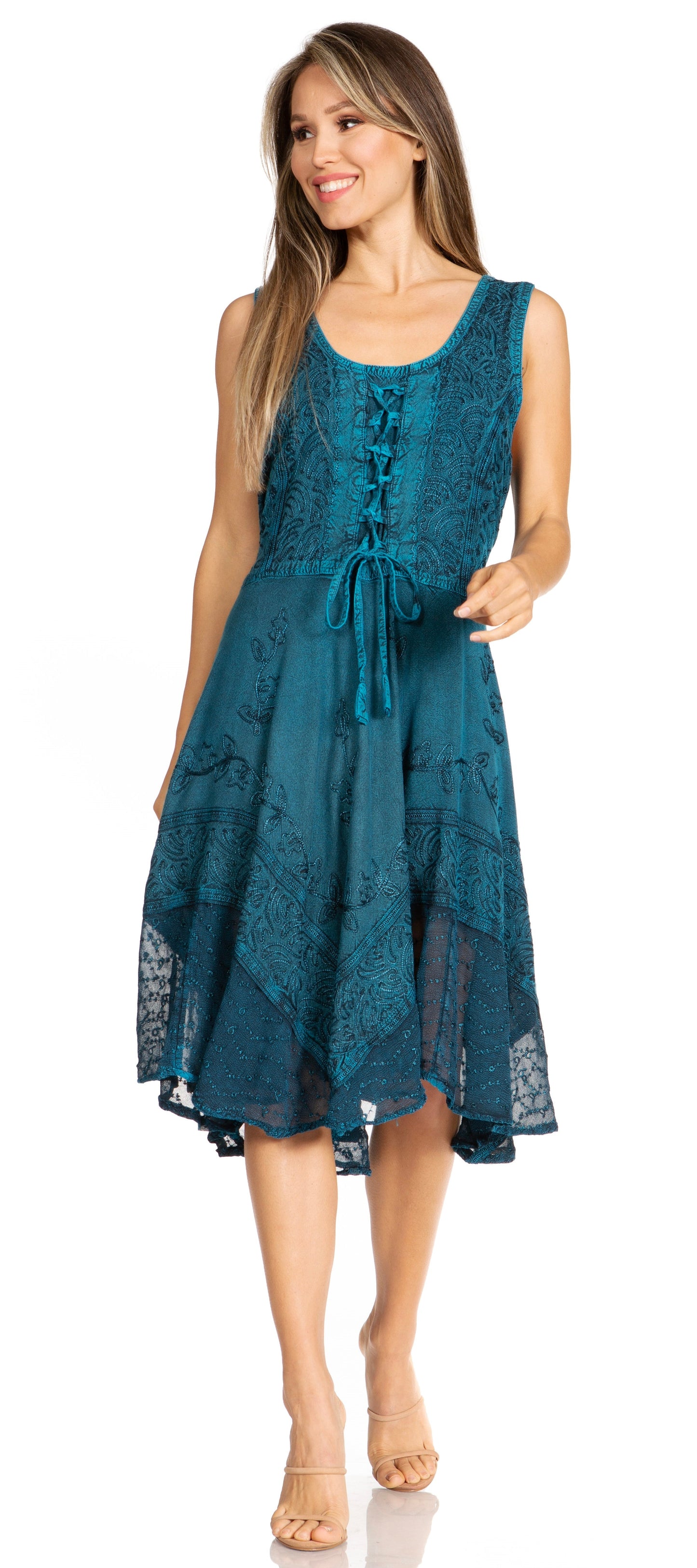 Sakkas Magdilena Stonewashed Corset Front Embroidered Dress - Concordia Style Boutique