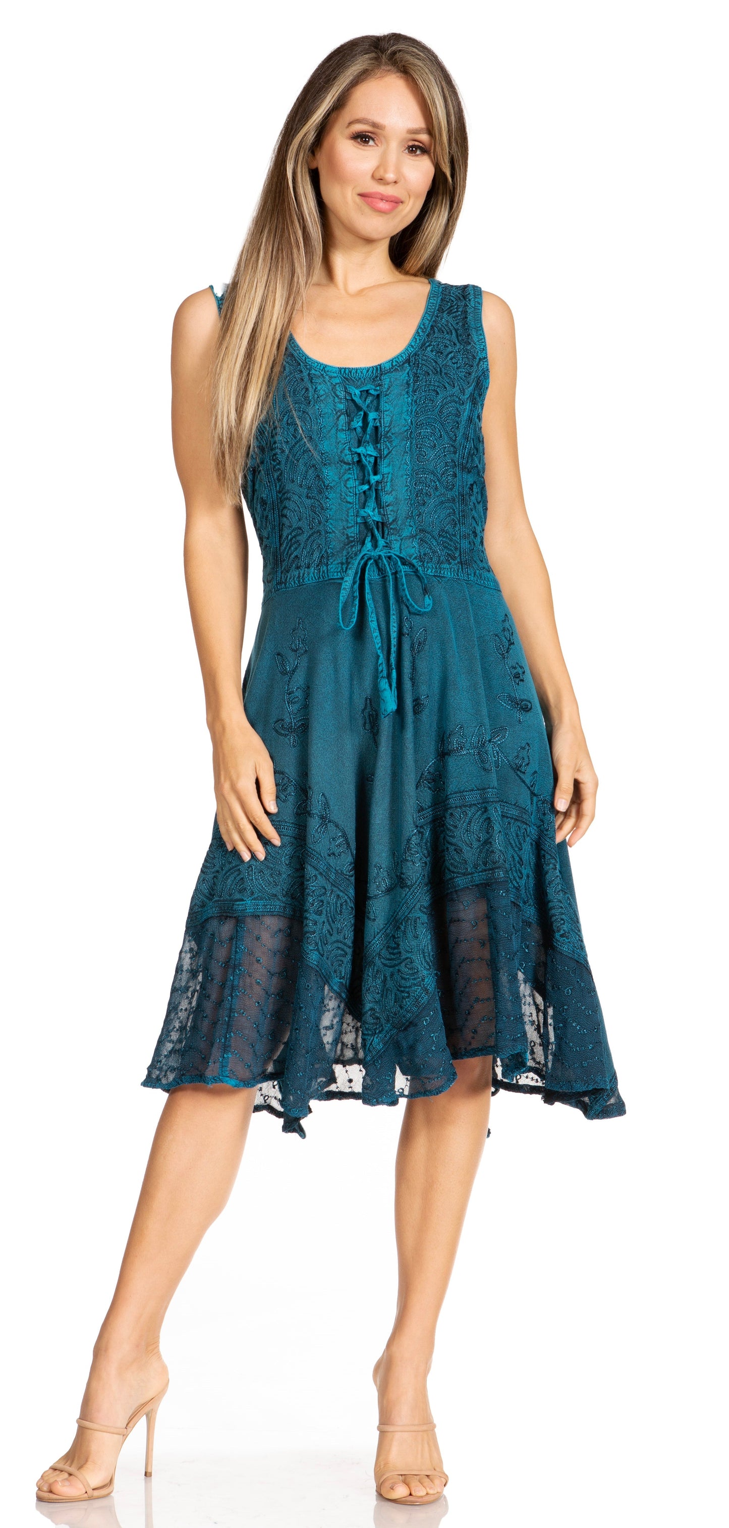 Sakkas Magdilena Stonewashed Corset Front Embroidered Dress - Concordia Style Boutique