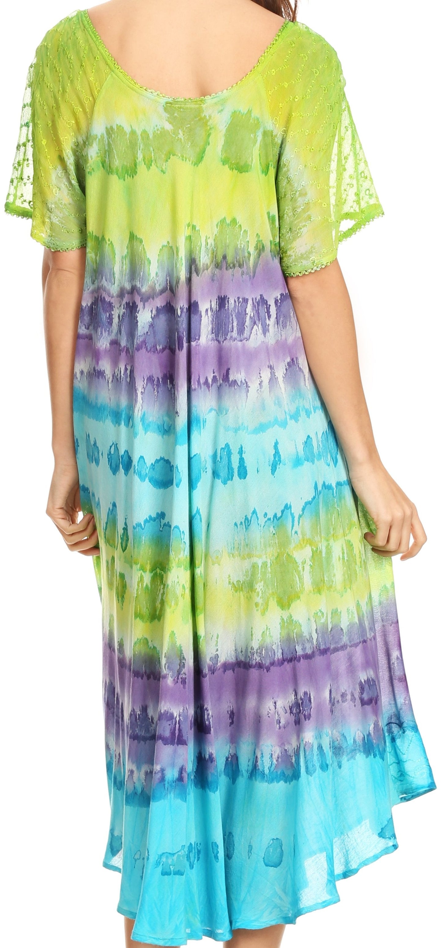Sakkas Sula Long Laced Tie-Dye Wide Neck Embroidered Boho Sundress Cover Up - Concordia Style Boutique