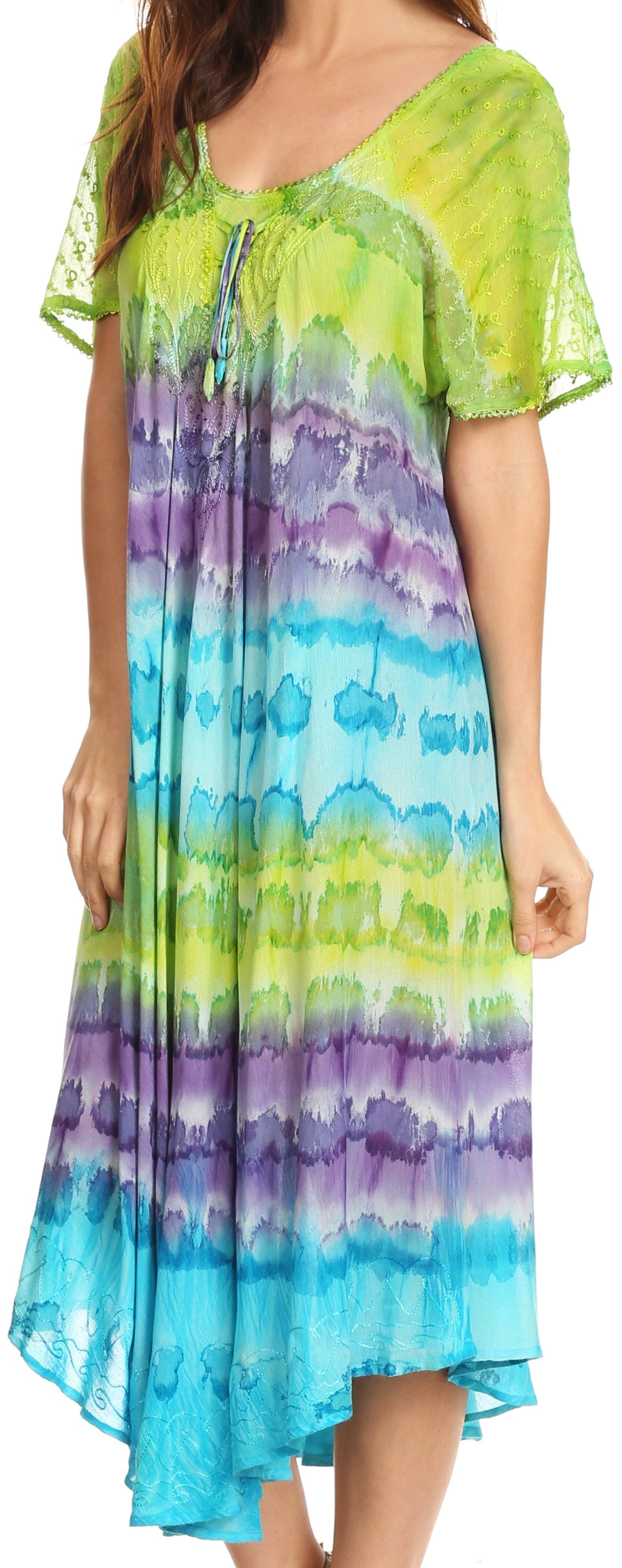 Sakkas Sula Long Laced Tie-Dye Wide Neck Embroidered Boho Sundress Cover Up - Concordia Style Boutique