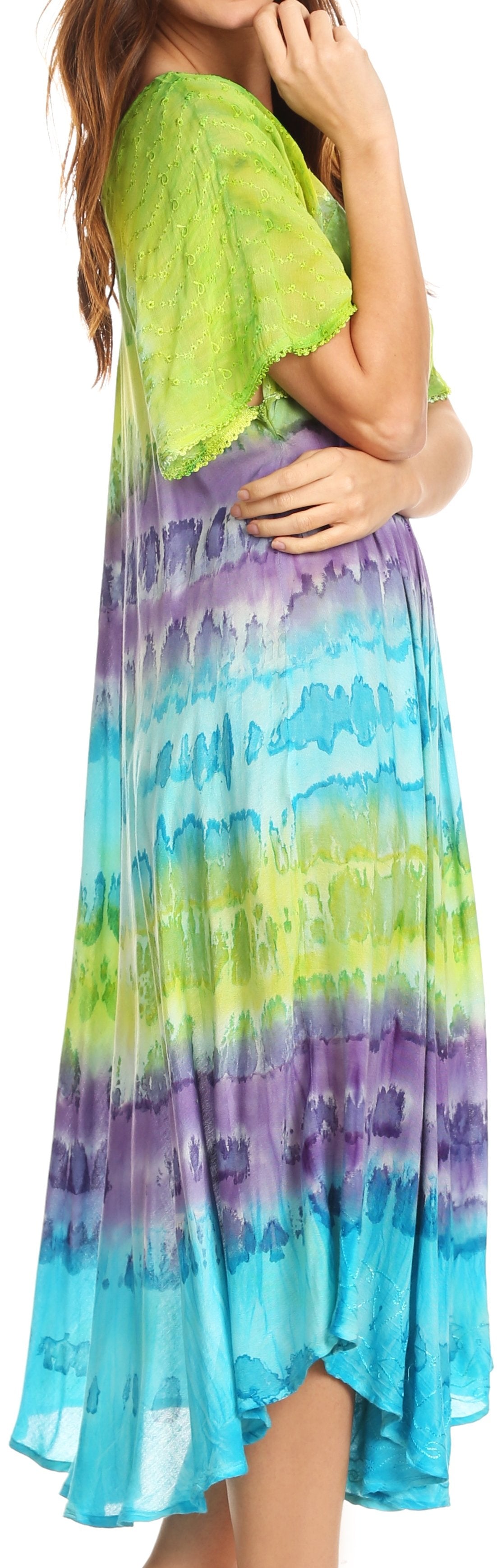 Sakkas Sula Long Laced Tie-Dye Wide Neck Embroidered Boho Sundress Cover Up - Concordia Style Boutique
