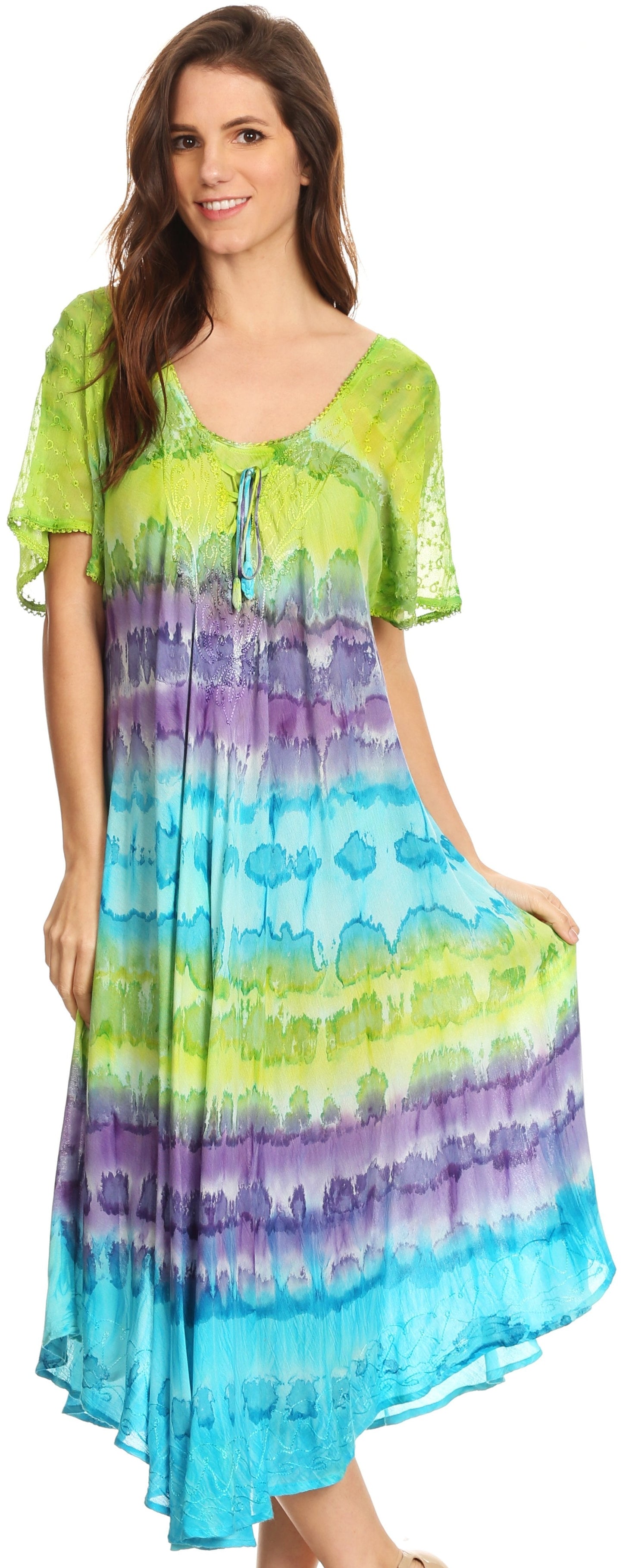 Sakkas Sula Long Laced Tie-Dye Wide Neck Embroidered Boho Sundress Cover Up - Concordia Style Boutique